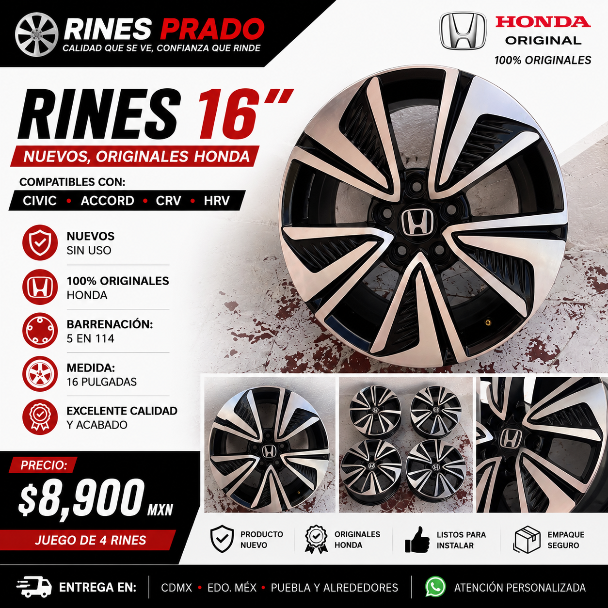Rines Originales Honda 16" | 5x114 | Juego de 4 Piezas