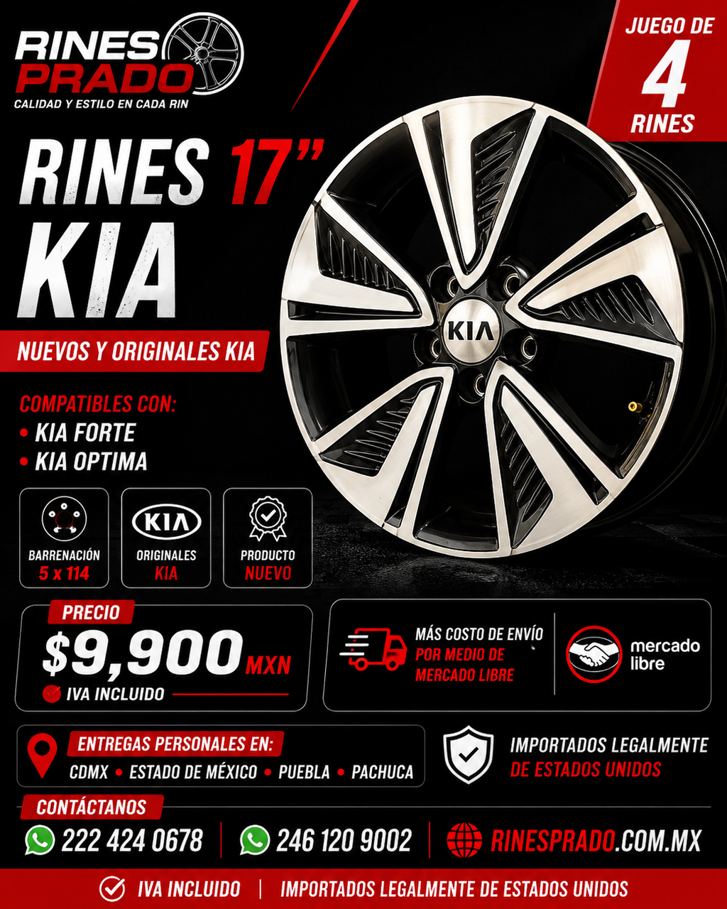 4 rines 17 pulgadas Kia Forte y Optima originales nuevos 5x114