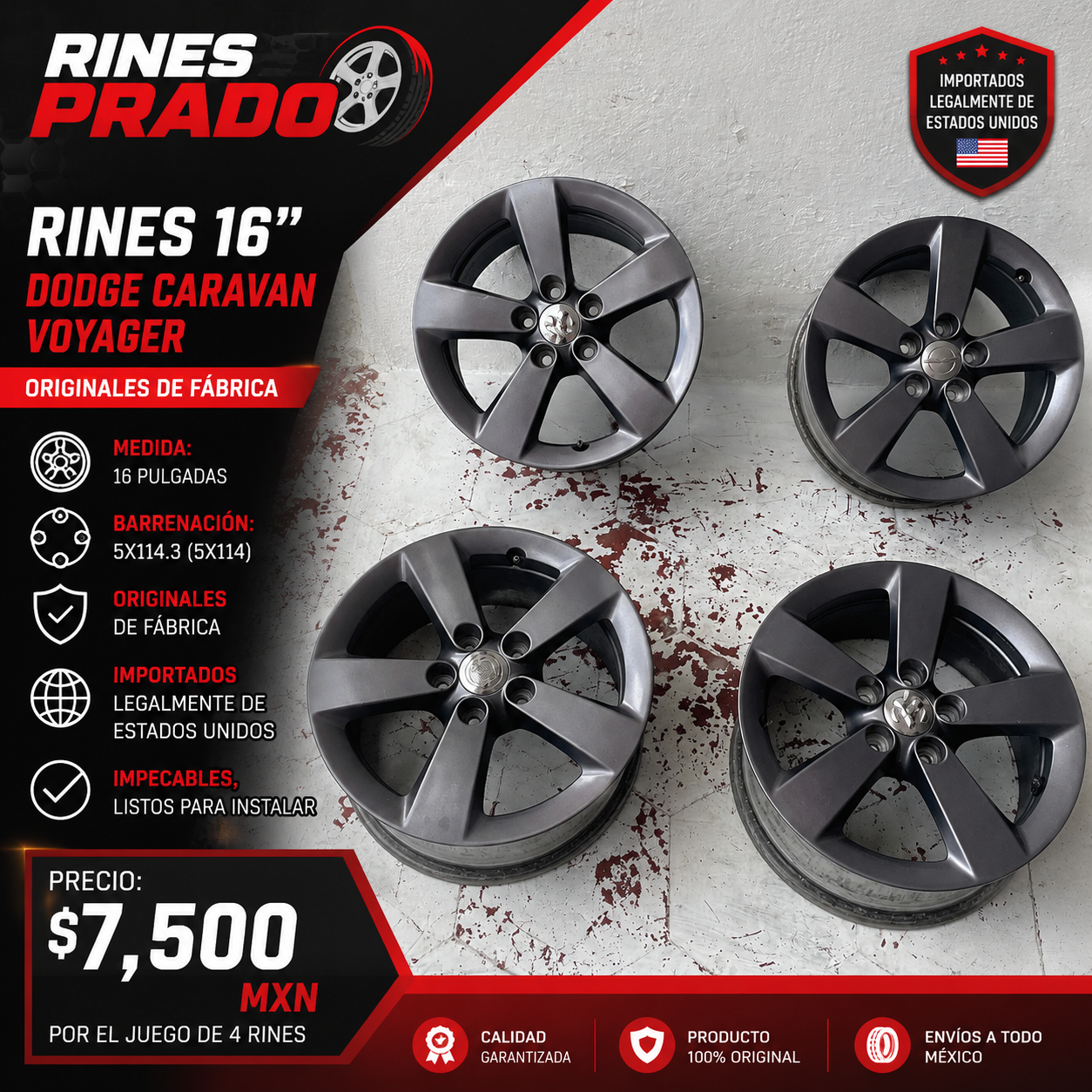 Rines 16” Originales Dodge Caravan / Chrysler Voyager – 5x114.3 – Importados – Juego de 4