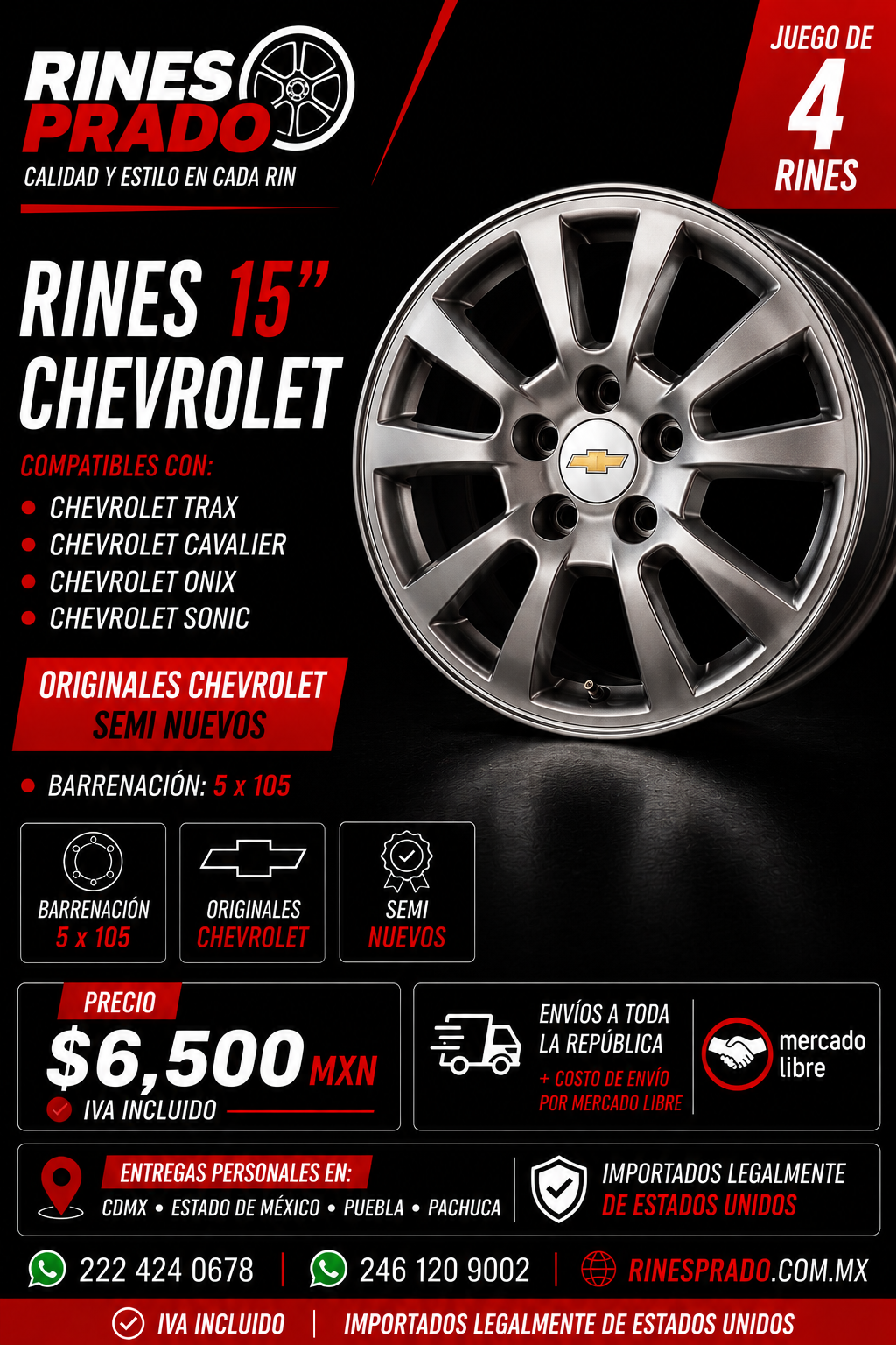 4 rines 15 pulgadas Chevrolet Trax Cavalier Onix Sonic originales 5x105