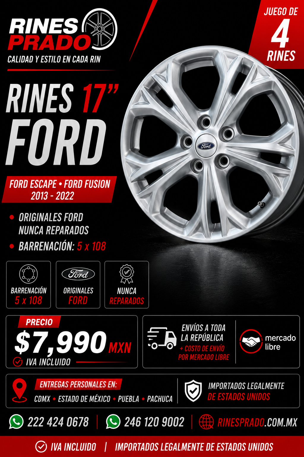 4 rines 17 pulgadas Ford Escape y Fusion 2013-2022 originales 5x108