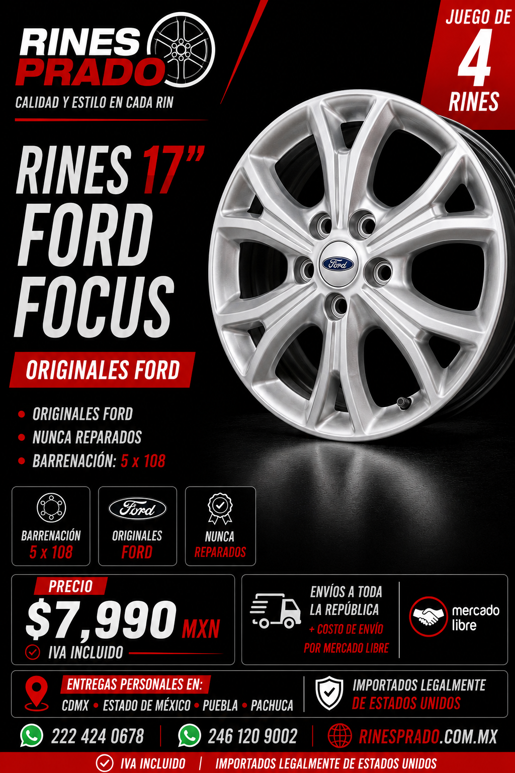 4 rines 17 pulgadas Ford Focus originales nunca reparados 5x108