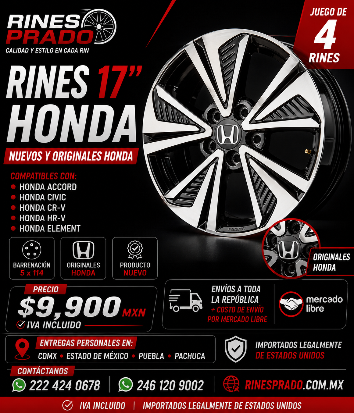 4 rines 17 pulgadas Honda Accord Civic CR-V HR-V Element nuevos 5x114