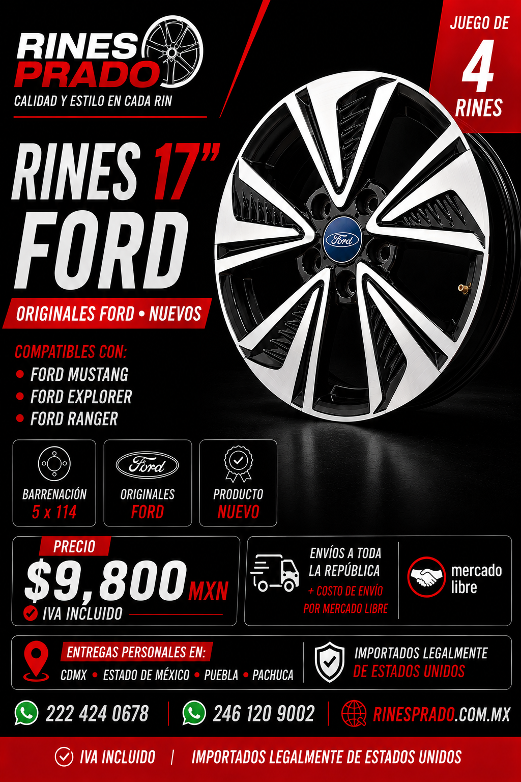 4 rines 17 pulgadas Ford Mustang Explorer Ranger originales nuevos 5x114