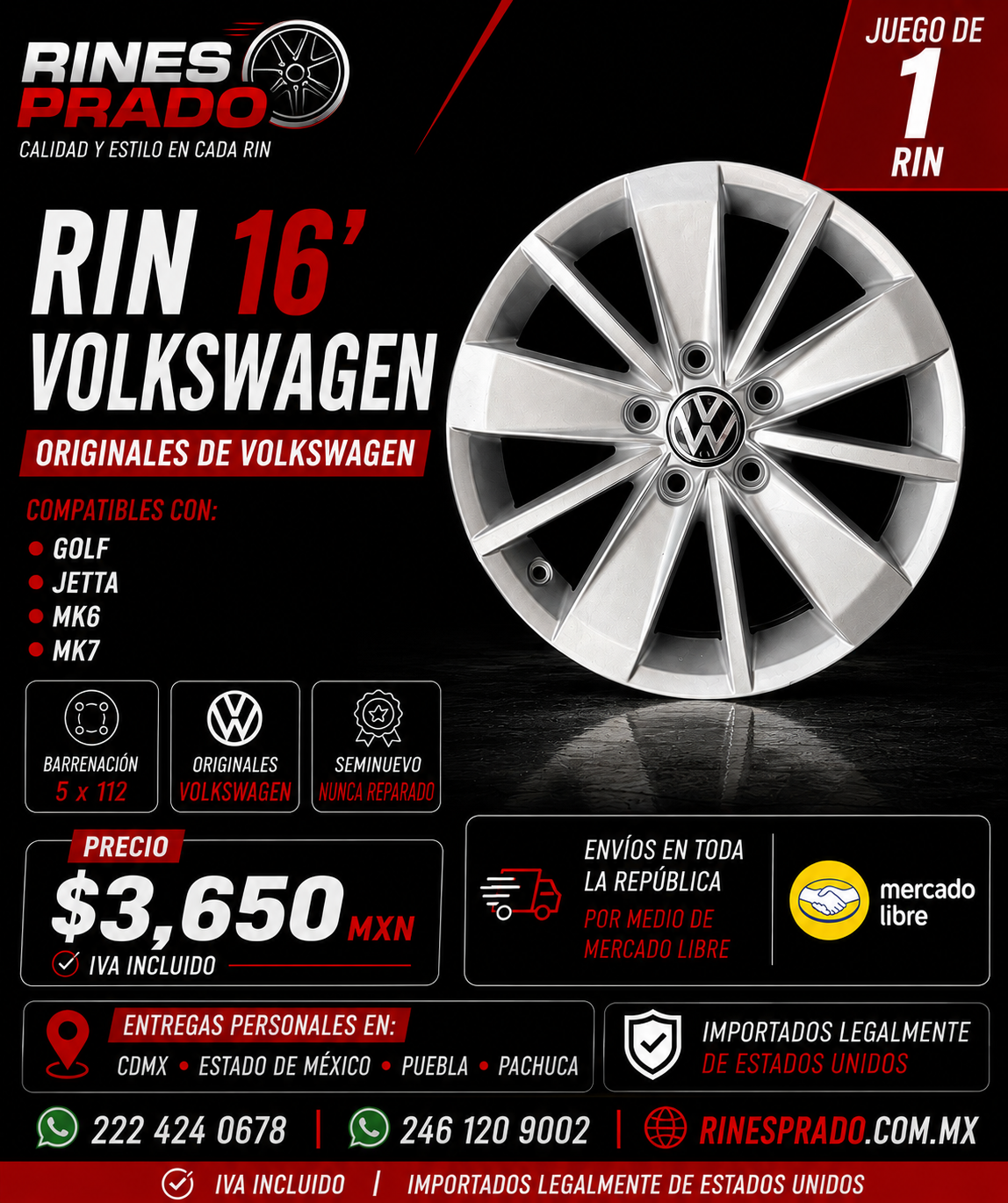1 Rin 16” Volkswagen Golf Jetta MK6 MK7 Seminuevo 5x112