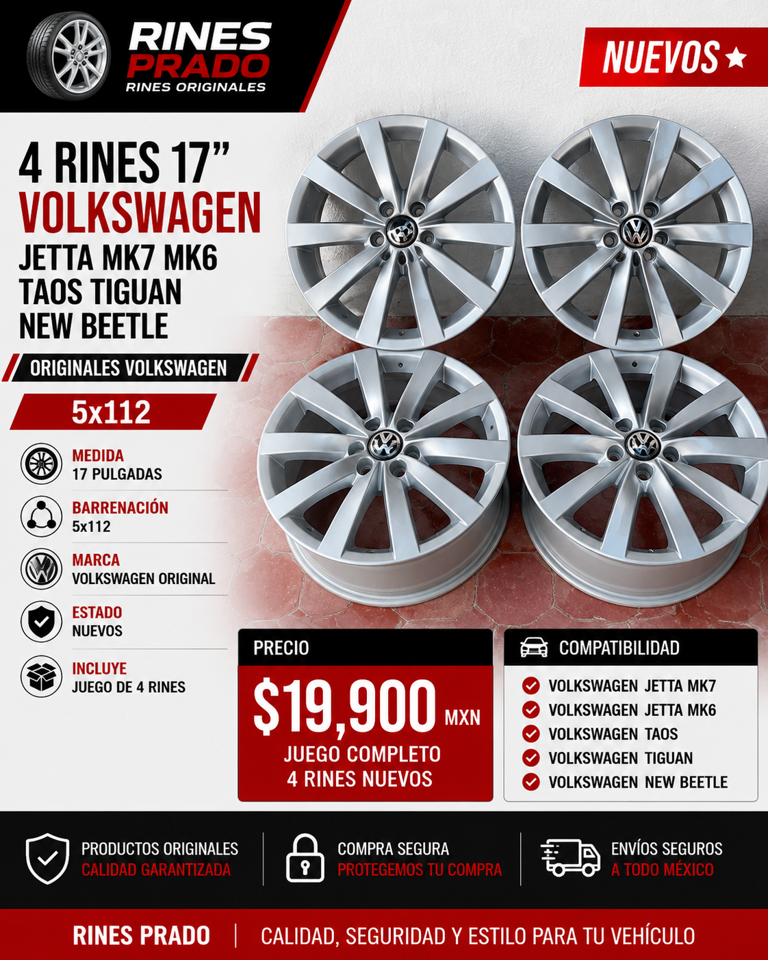 4 Rines 17" Volkswagen Jetta MK7 MK6 Taos Tiguan New Beetle Originales 5x112 Nuevos