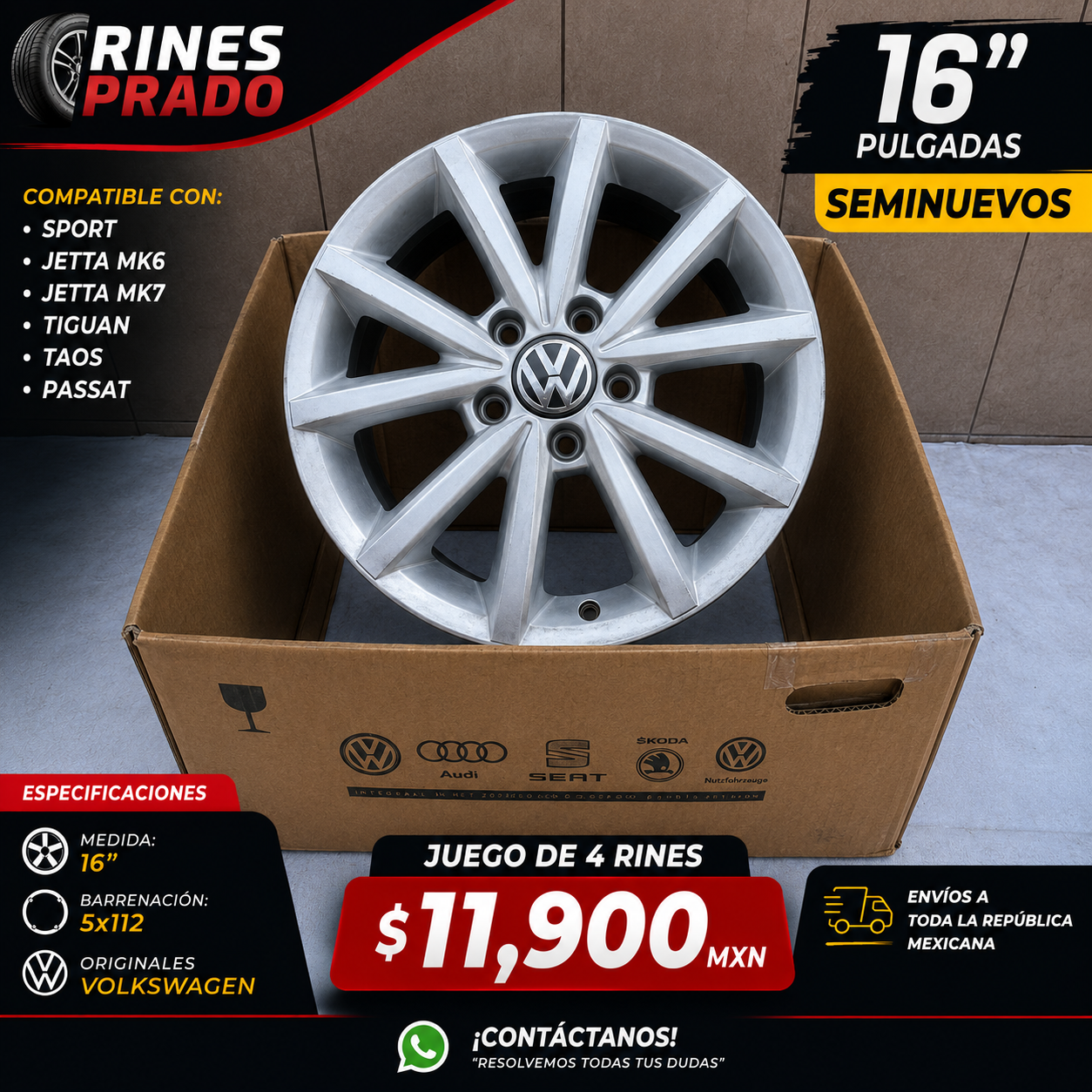 4 Rines 16" Volkswagen Sport Jetta MK6 Jetta MK7 Tiguan Taos Passat Originales 5x112 Seminuevos