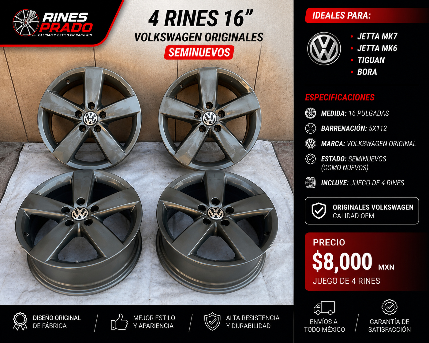 4 Rines 16" Volkswagen Guinness Originales Jetta MK7 MK6 Tiguan Bora 5x112 Seminuevos