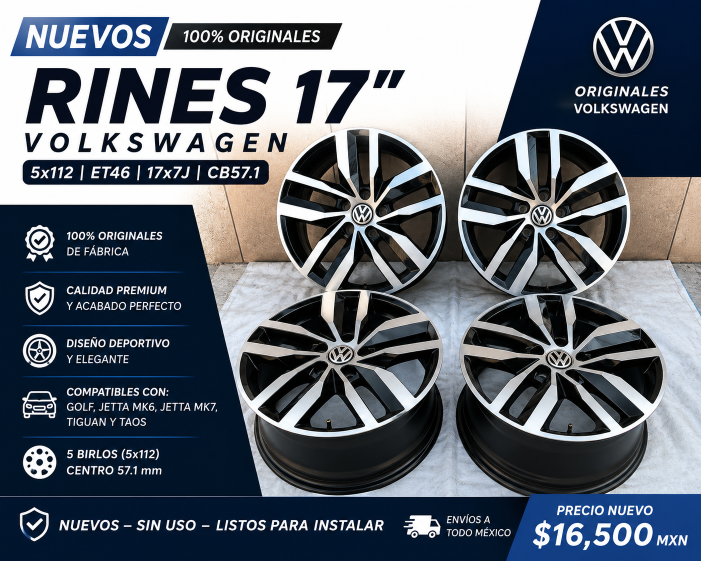4 Rines 17” Volkswagen Golf Jetta MK6 MK7 Tiguan Taos Originales Nuevos 5x112