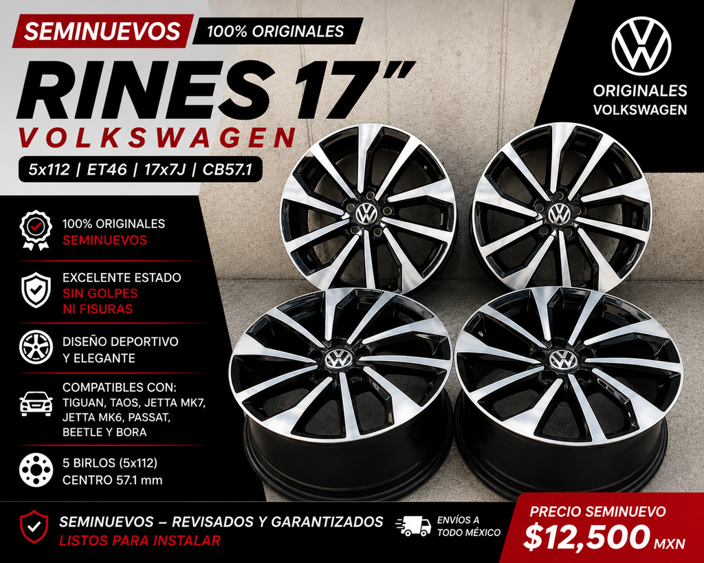 4 Rines 17” Seminuevos Originales Volkswagen Tiguan Taos Jetta MK7 MK6 Passat Beetle Bora 5x112