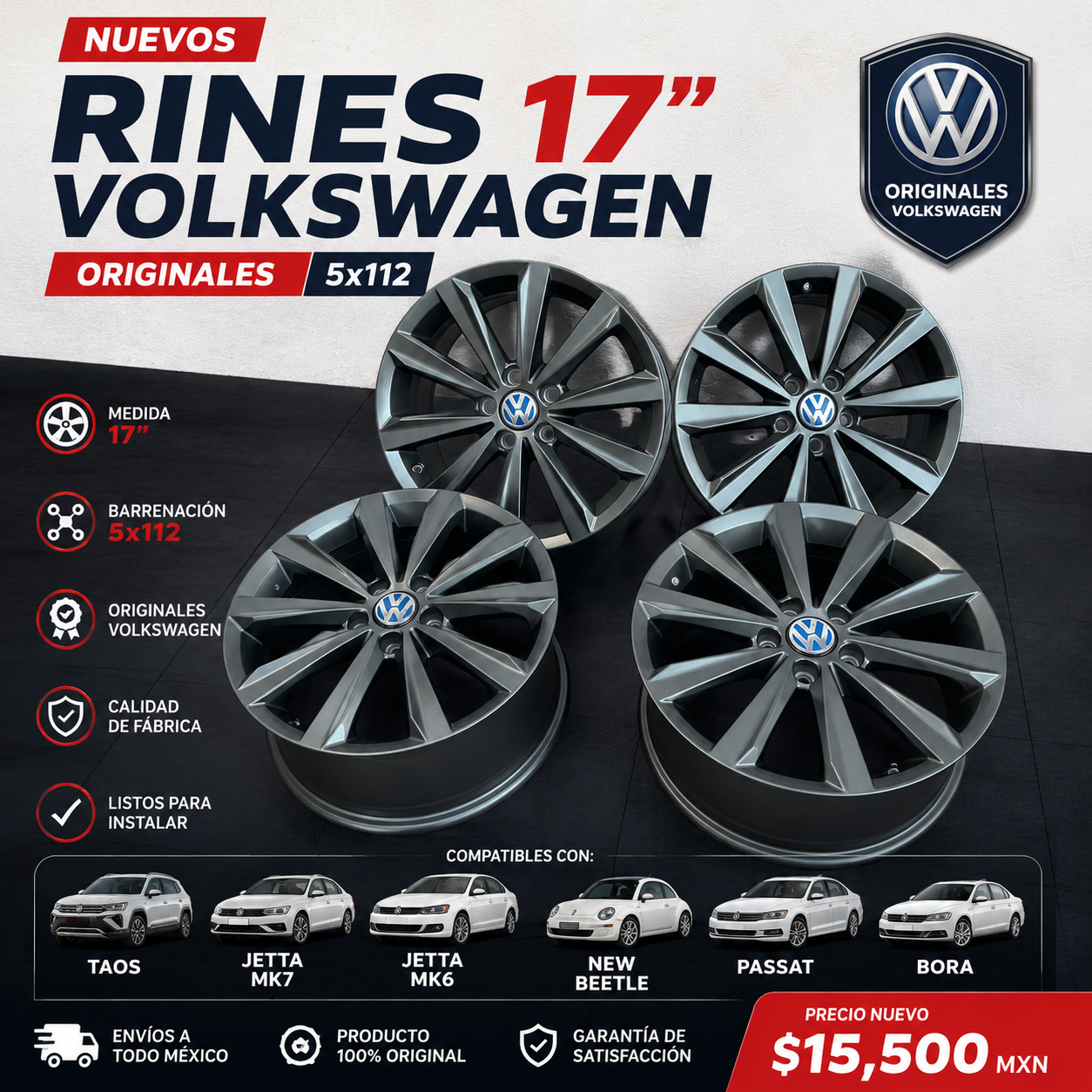 Juego de 4 Rines 17" Nuevos Volkswagen Taos Jetta MK7 MK6 New Beetle Passat Bora Originales 5x112