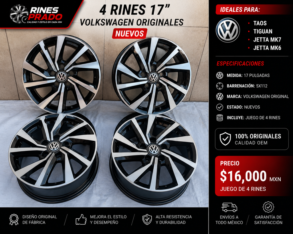 4 Rines 17" Volkswagen TAOS TIGUAN JETTA MK7 MK6 Originales Nuevos 5x112 Negro Brillante