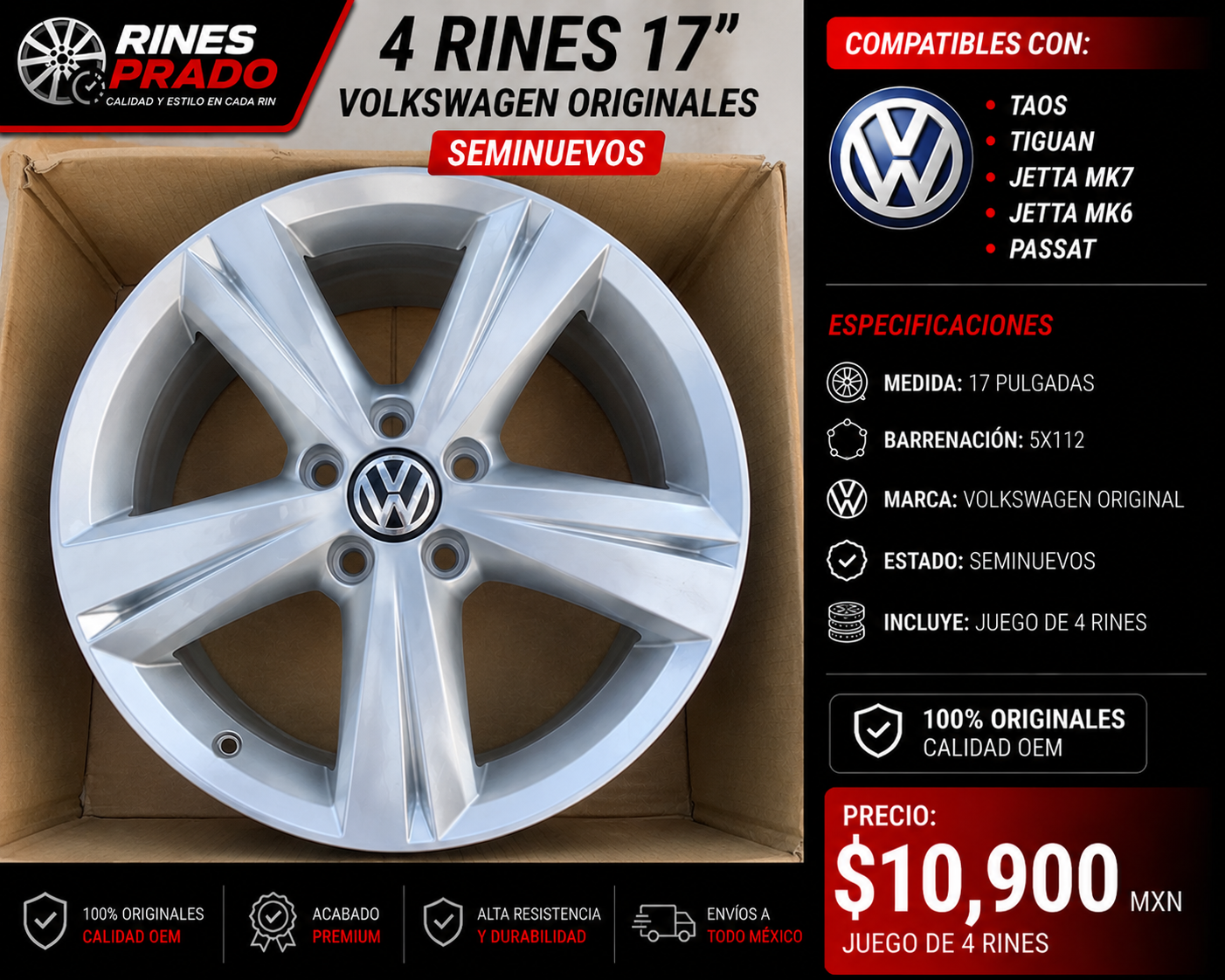 4 Rines 17" Volkswagen Taos Tiguan Jetta MK7 MK6 Passat Originales 5x112 Seminuevos