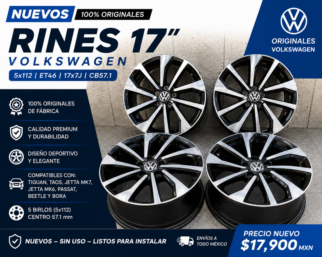 4 Rines 17” Nuevos Originales Volkswagen Tiguan Taos Jetta MK7 MK6 Passat Beetle Bora 5x112
