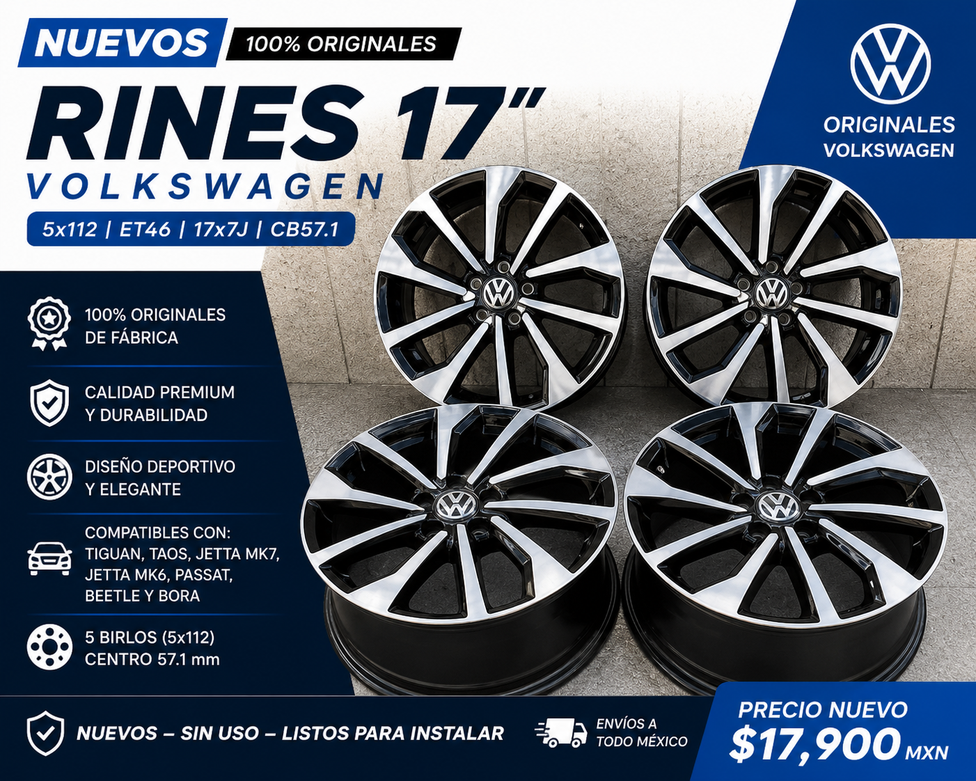 4 Rines 17” Nuevos Originales Volkswagen Tiguan Taos Jetta MK7 MK6 Passat Beetle Bora 5x112