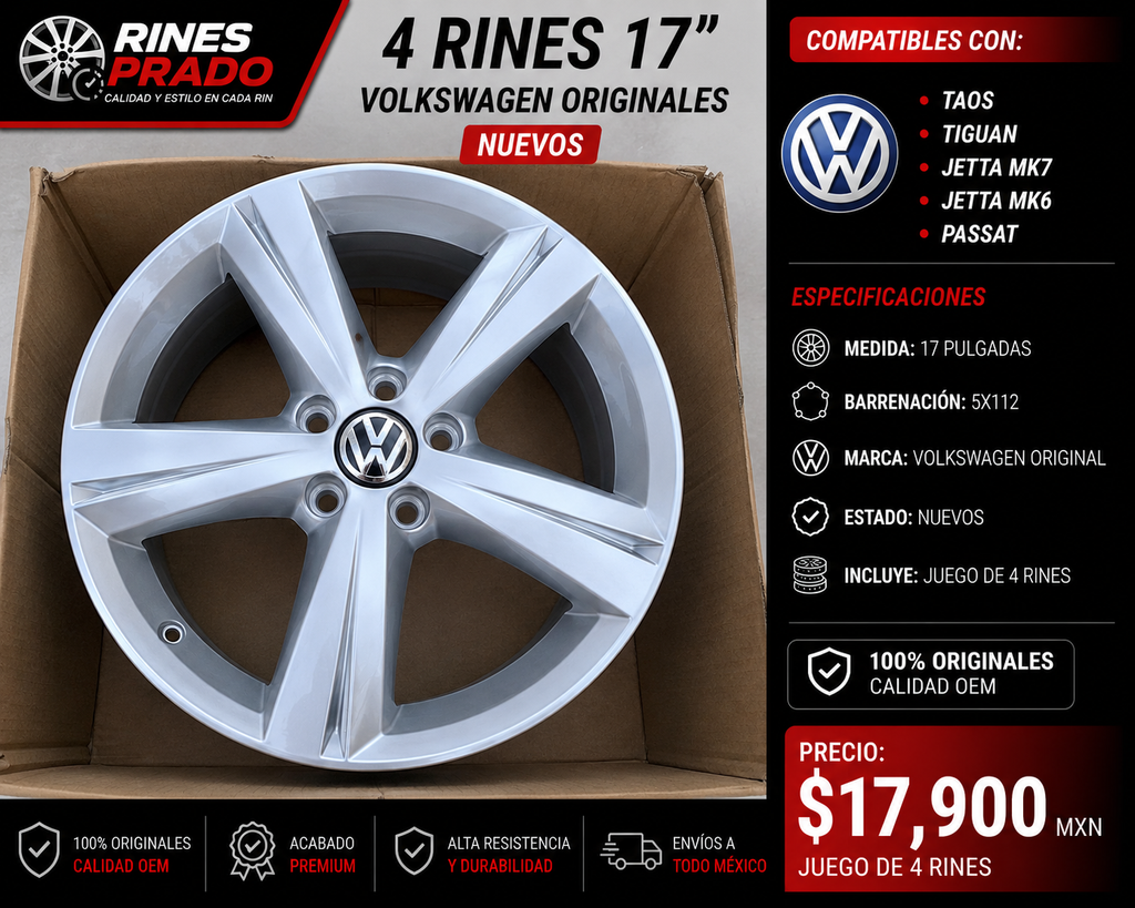 4 Rines 17" Volkswagen Taos Tiguan Jetta MK7 MK6 Passat Originales 5x112 Nuevos