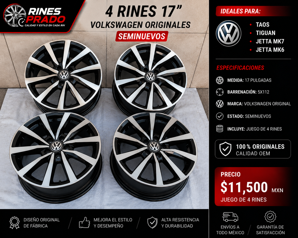 4 Rines 17" Volkswagen TAOS TIGUAN JETTA MK7 MK6 Originales Seminuevos 5x112 Negro Brillante