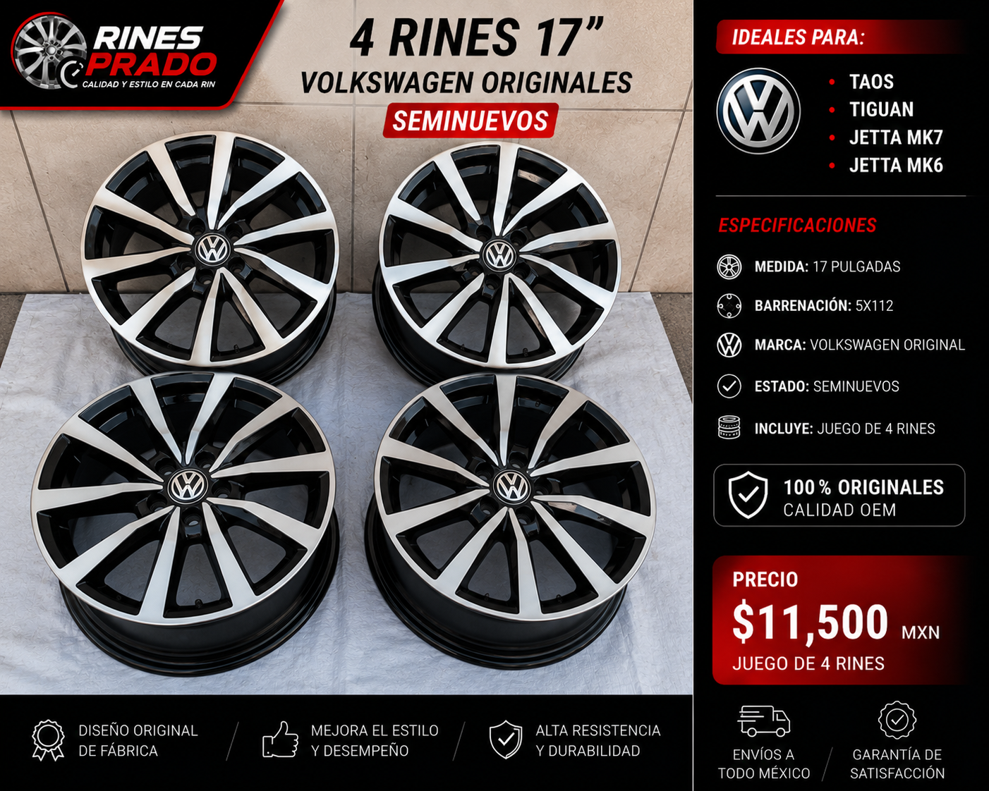 4 Rines 17" Volkswagen TAOS TIGUAN JETTA MK7 MK6 Originales Seminuevos 5x112 Negro Brillante