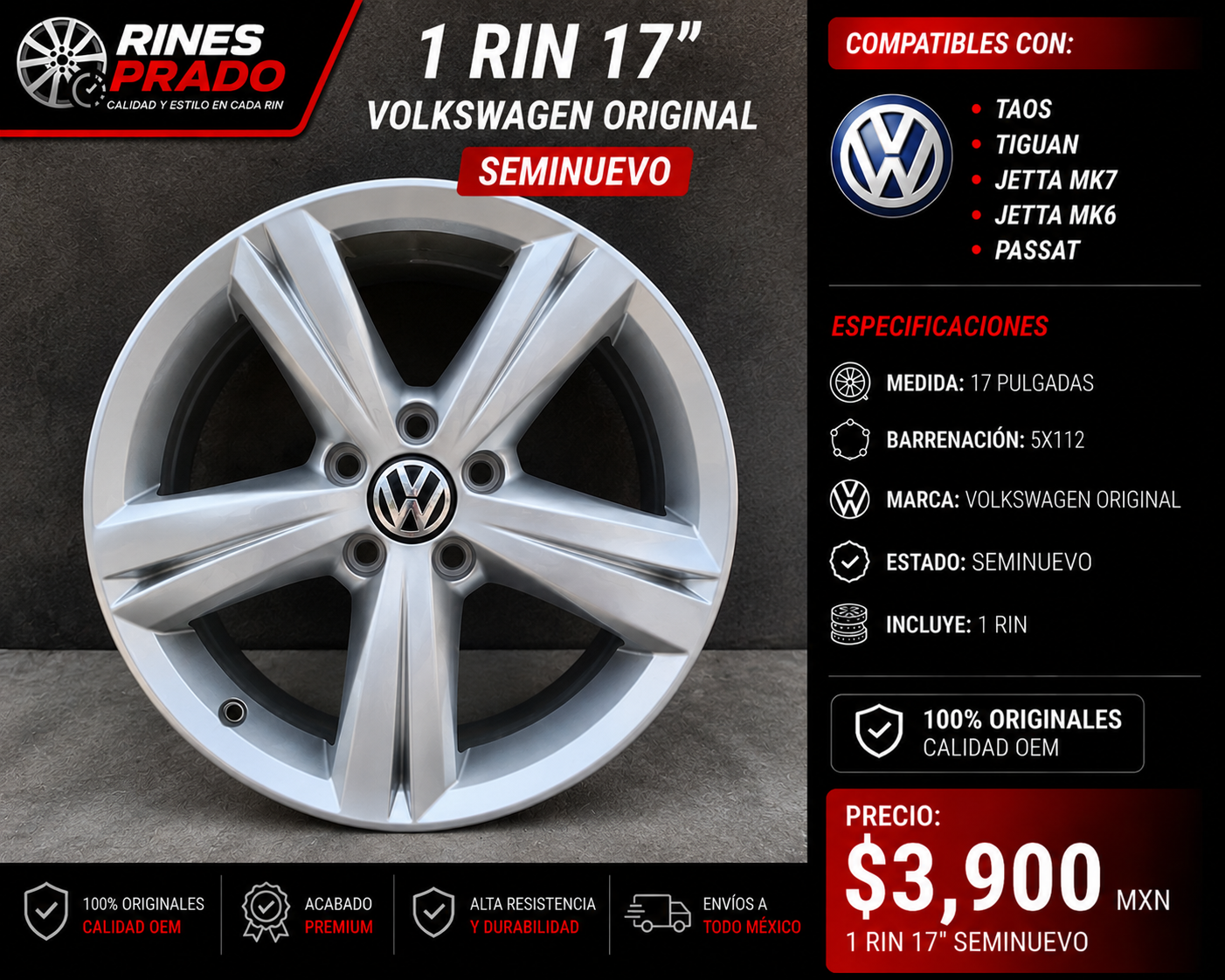 1 Rin 17" Volkswagen Taos Tiguan Jetta MK7 MK6 Passat Original 5x112