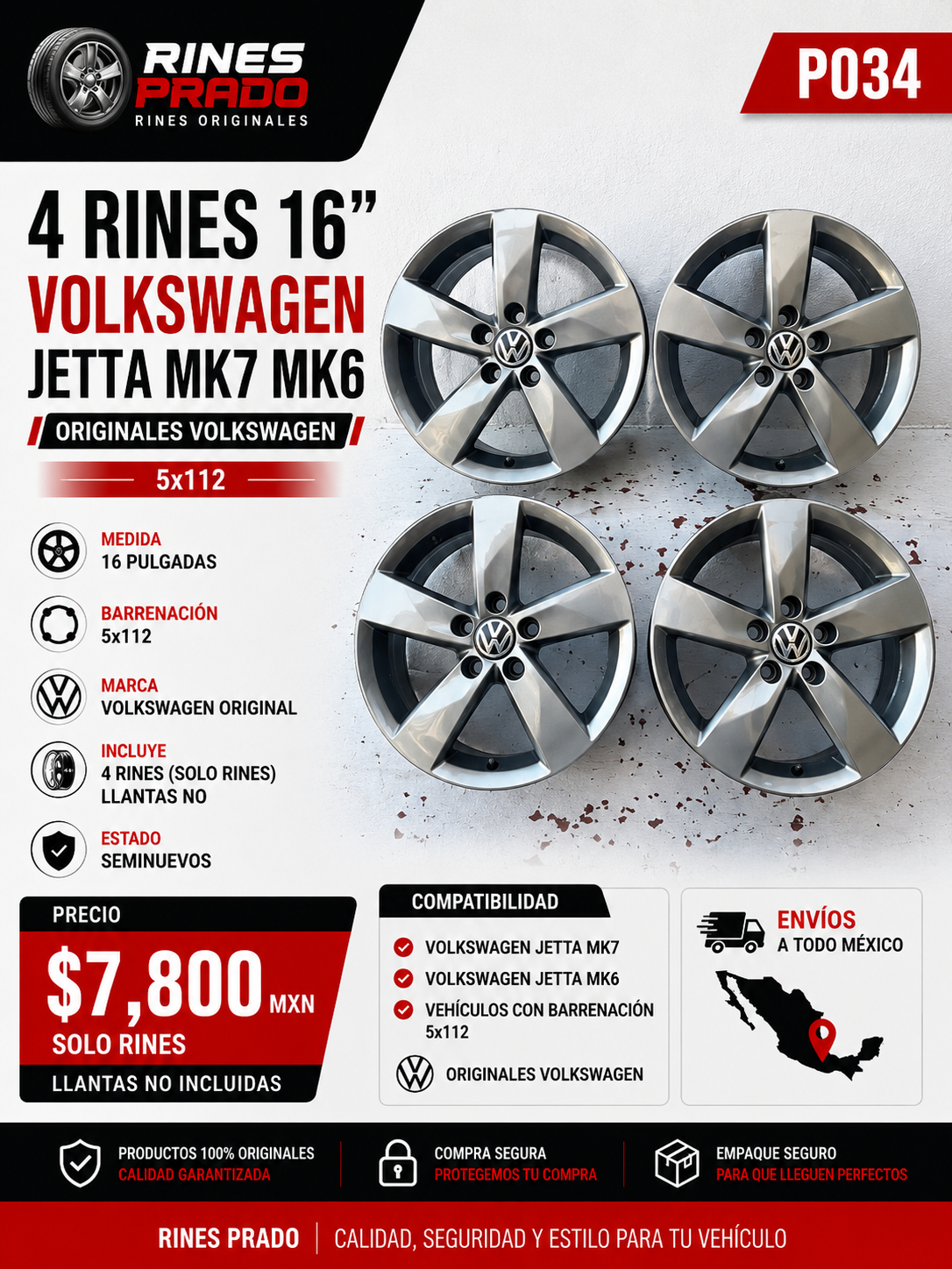 4 Rines 16" Volkswagen Jetta MK7 MK6 Originales 5x112 Seminuevos | Solo Rines