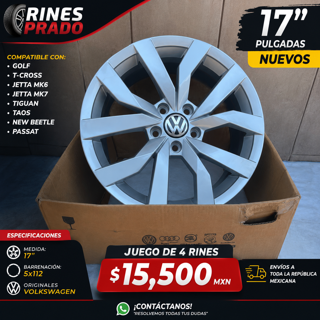 4 Rines 17" Volkswagen Golf T-Cross Jetta MK6 MK7 Tiguan Taos New Beetle Passat Originales 5x112 Nuevos