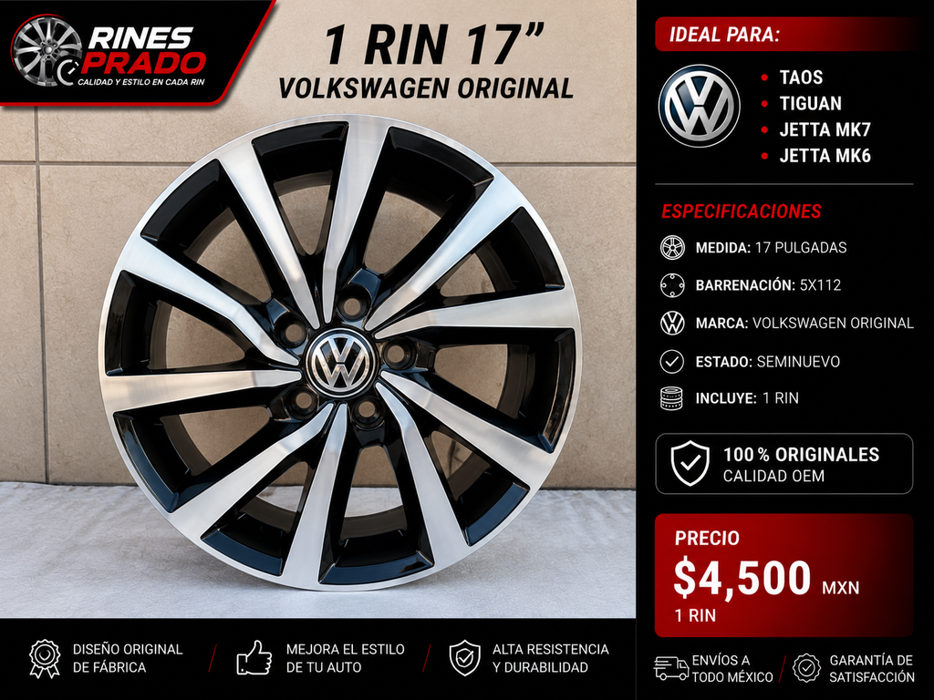 1 Rin 17" Volkswagen TAOS TIGUAN JETTA MK7 MK6 Original 5x112 Negro Brillante