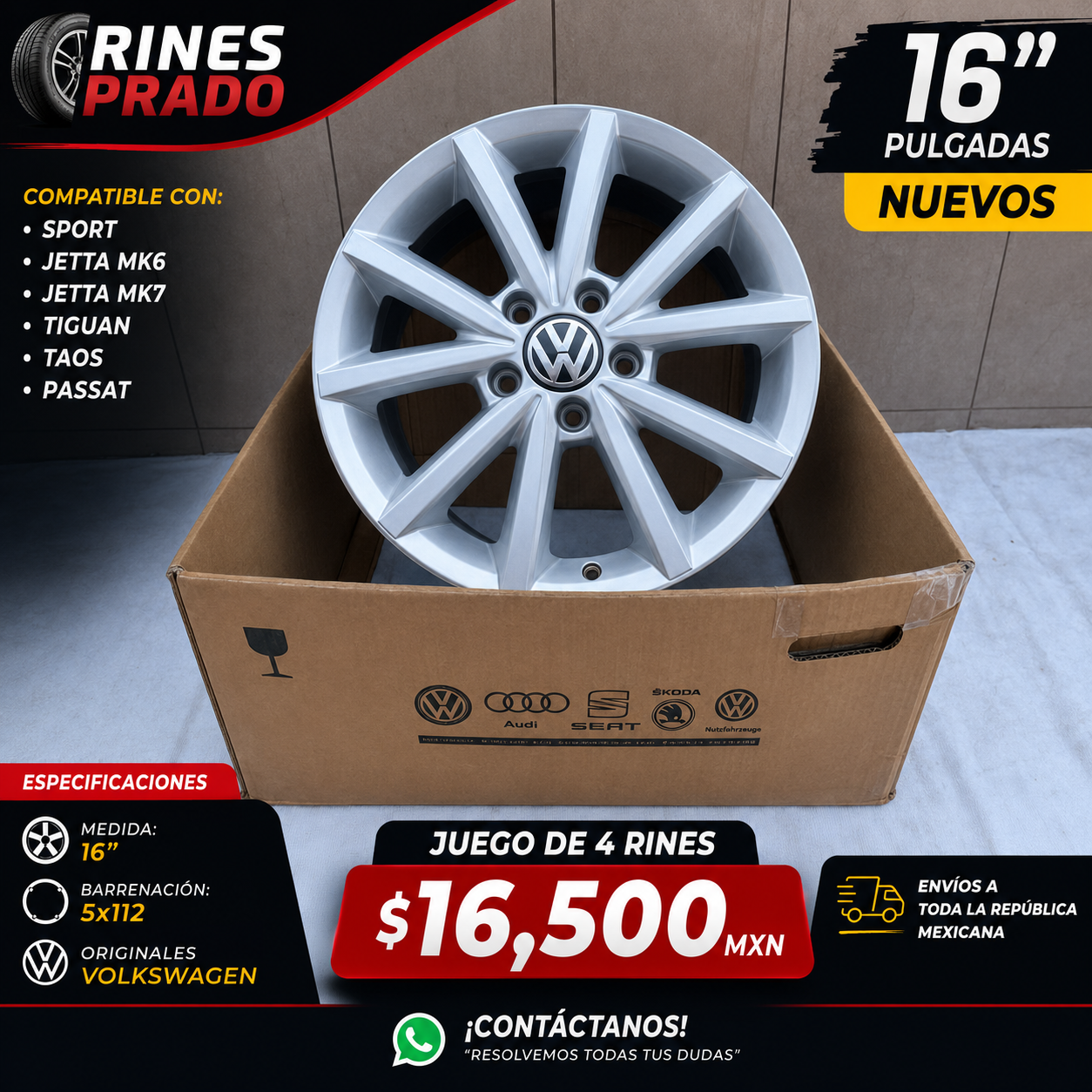4 Rines 16" Volkswagen Sport Jetta MK6 Jetta MK7 Tiguan Taos Passat Originales 5x112 Nuevos