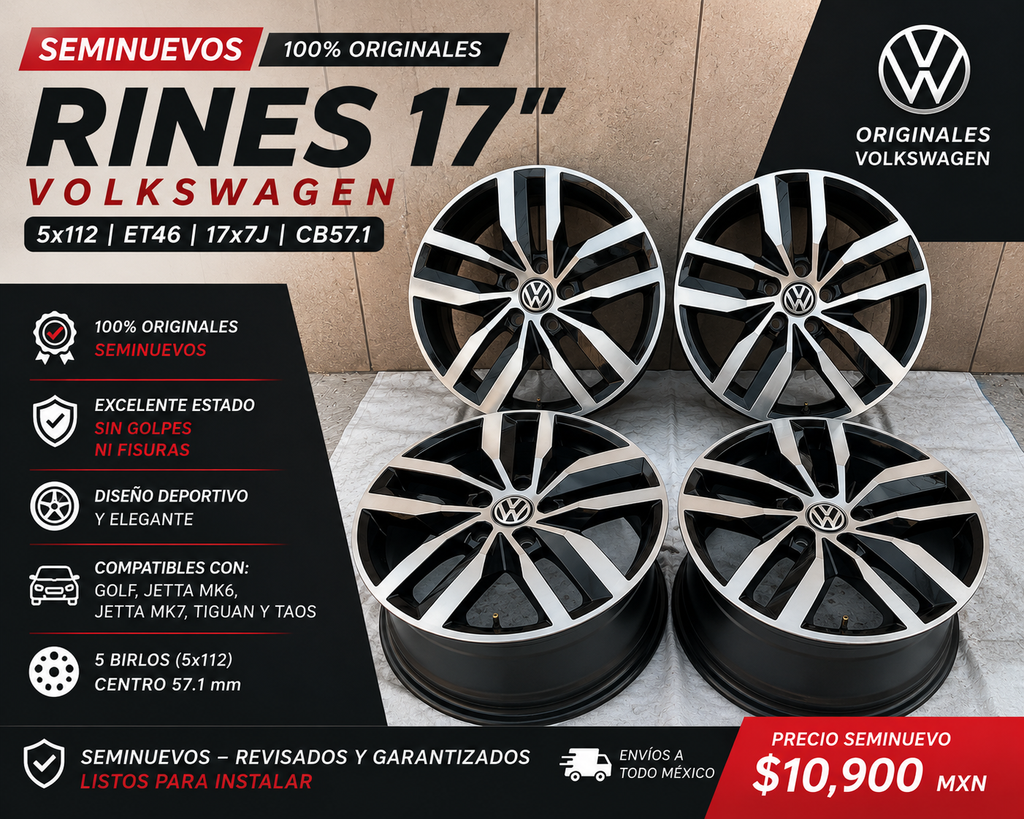 4 Rines 17” Volkswagen Golf Jetta MK6 MK7 Tiguan Taos Originales Seminuevos 5x112