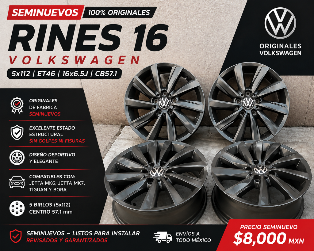 Juego de 4 Rines 16" Seminuevos Volkswagen Jetta MK7 MK6 Tiguan Bora Originales 5x112