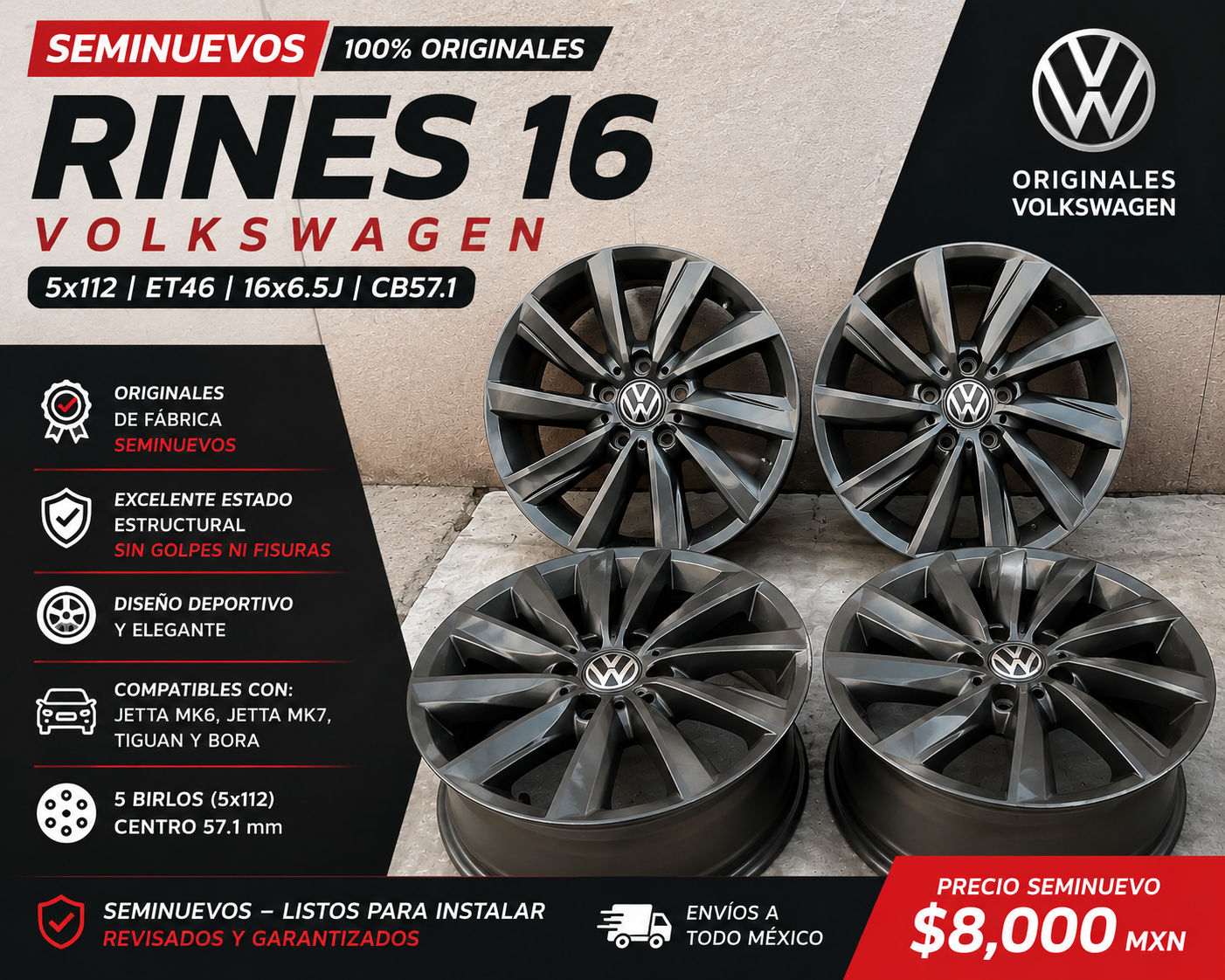 Juego de 4 Rines 16" Seminuevos Volkswagen Jetta MK7 MK6 Tiguan Bora Originales 5x112