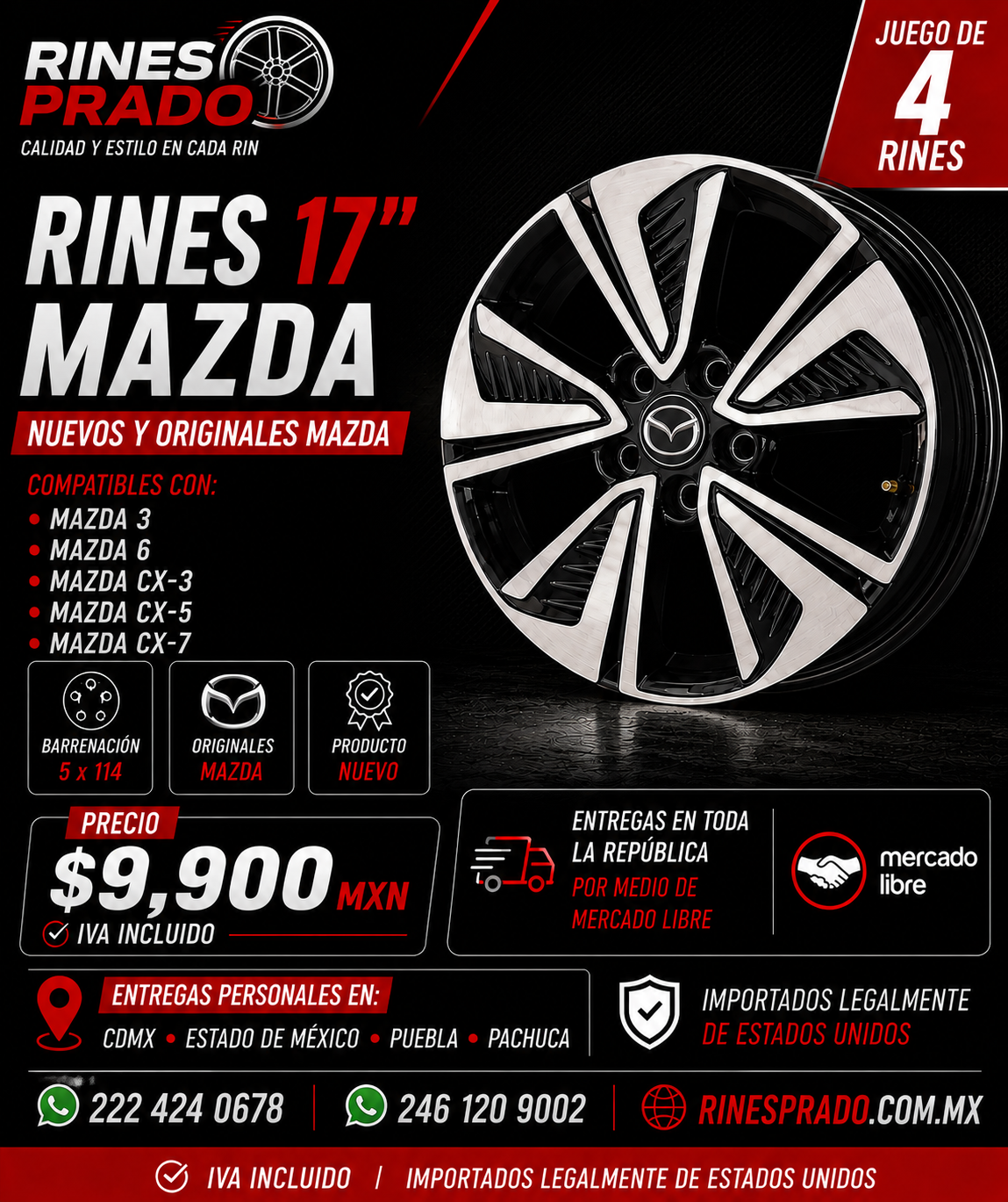 4 Rines 17” Mazda 3, Mazda 6, CX-3, CX-5 y CX-7 Nuevos y Originales 5x114