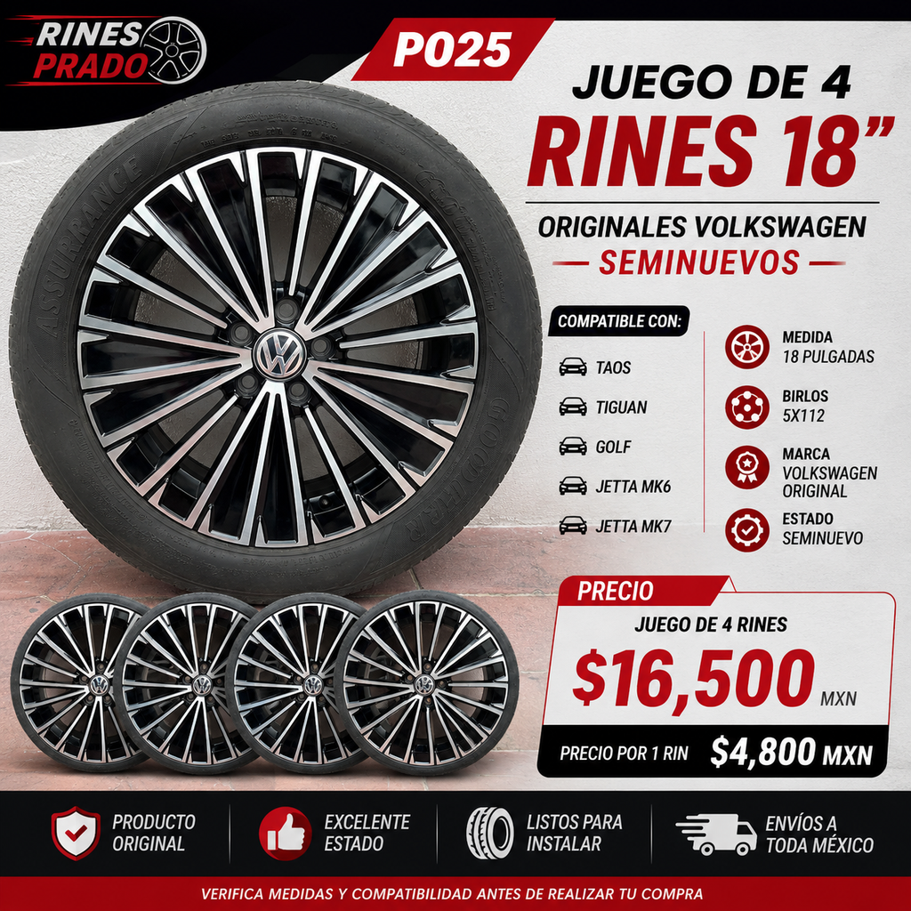Juego de 4 Rines Originales Volkswagen 18" 5x112 para Taos, Tiguan, Golf, Jetta MK6 y MK7 | Seminuevos