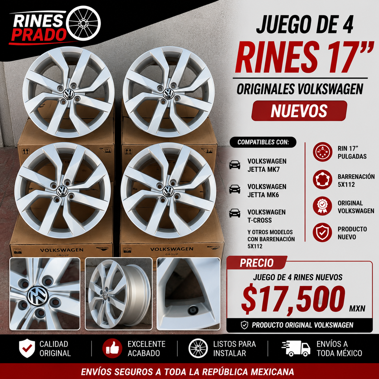 4 Rines 17" Originales Volkswagen Jetta MK7 / MK6 T-Cross 5x112 – Nuevos