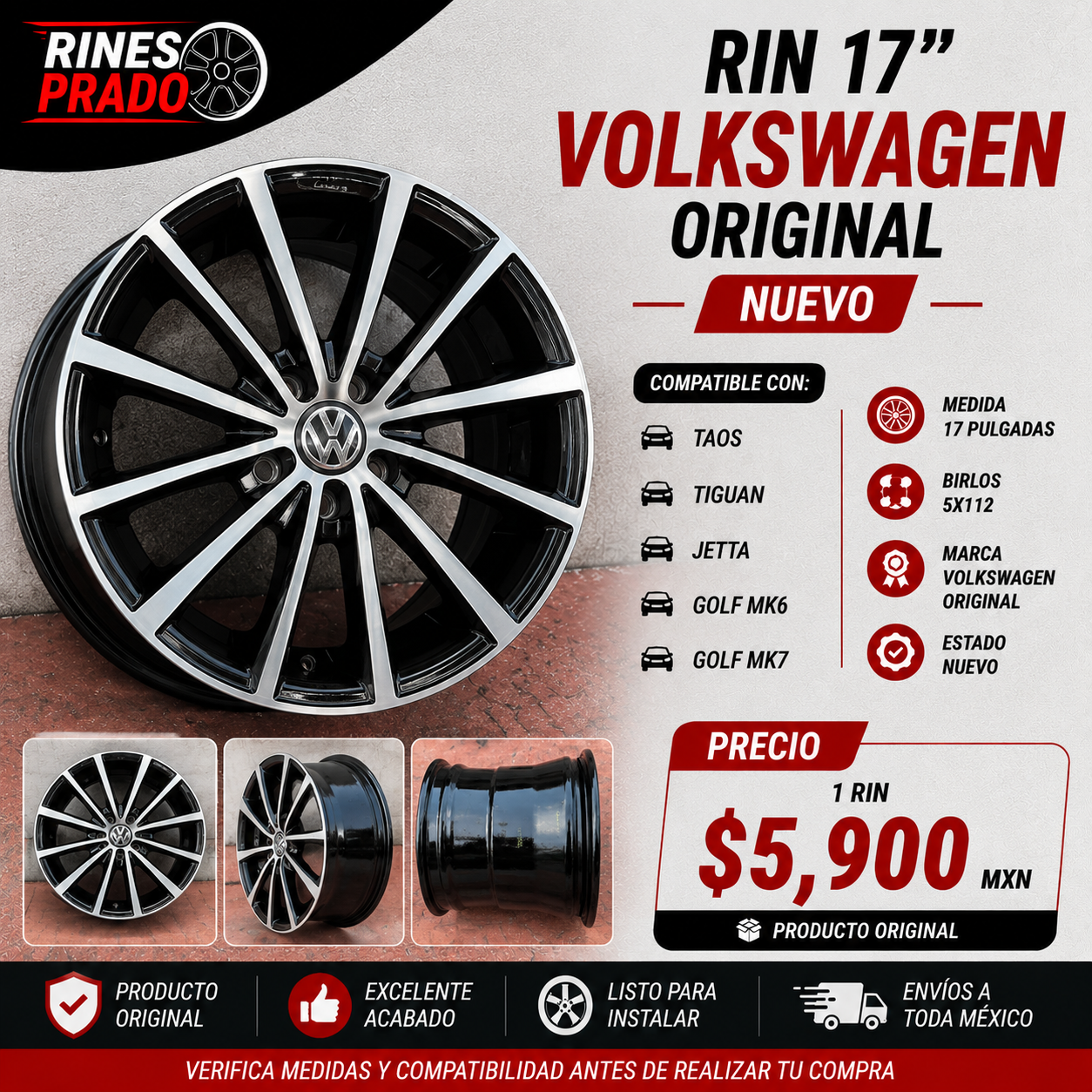 Rin Volkswagen Original 17" | Taos, Tiguan, Jetta, Golf MK6 y MK7 | Nuevo
