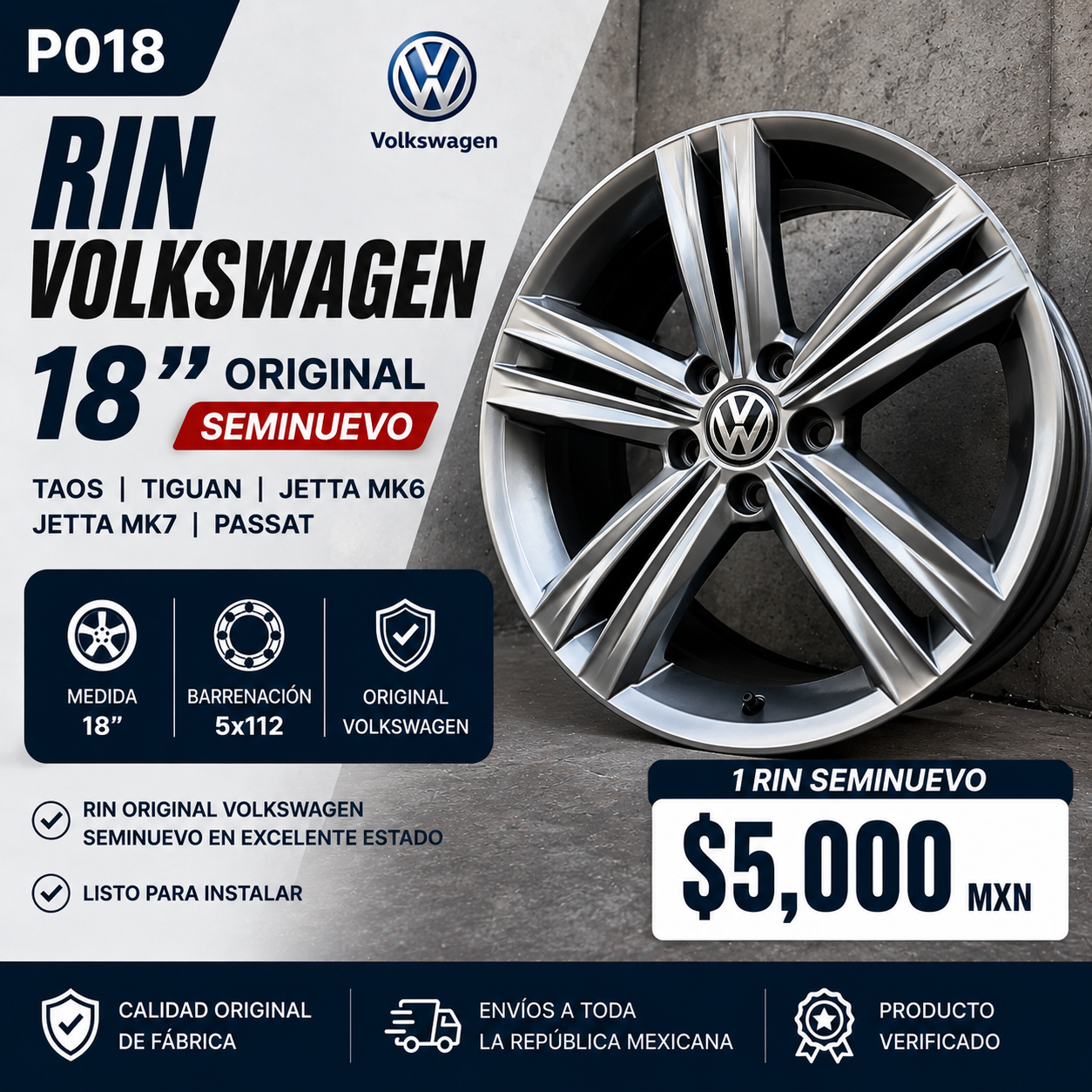 1 Rin Volkswagen Taos / Tiguan / Jetta MK6 / MK7 / Passat 18" Original Seminuevo | 5x112