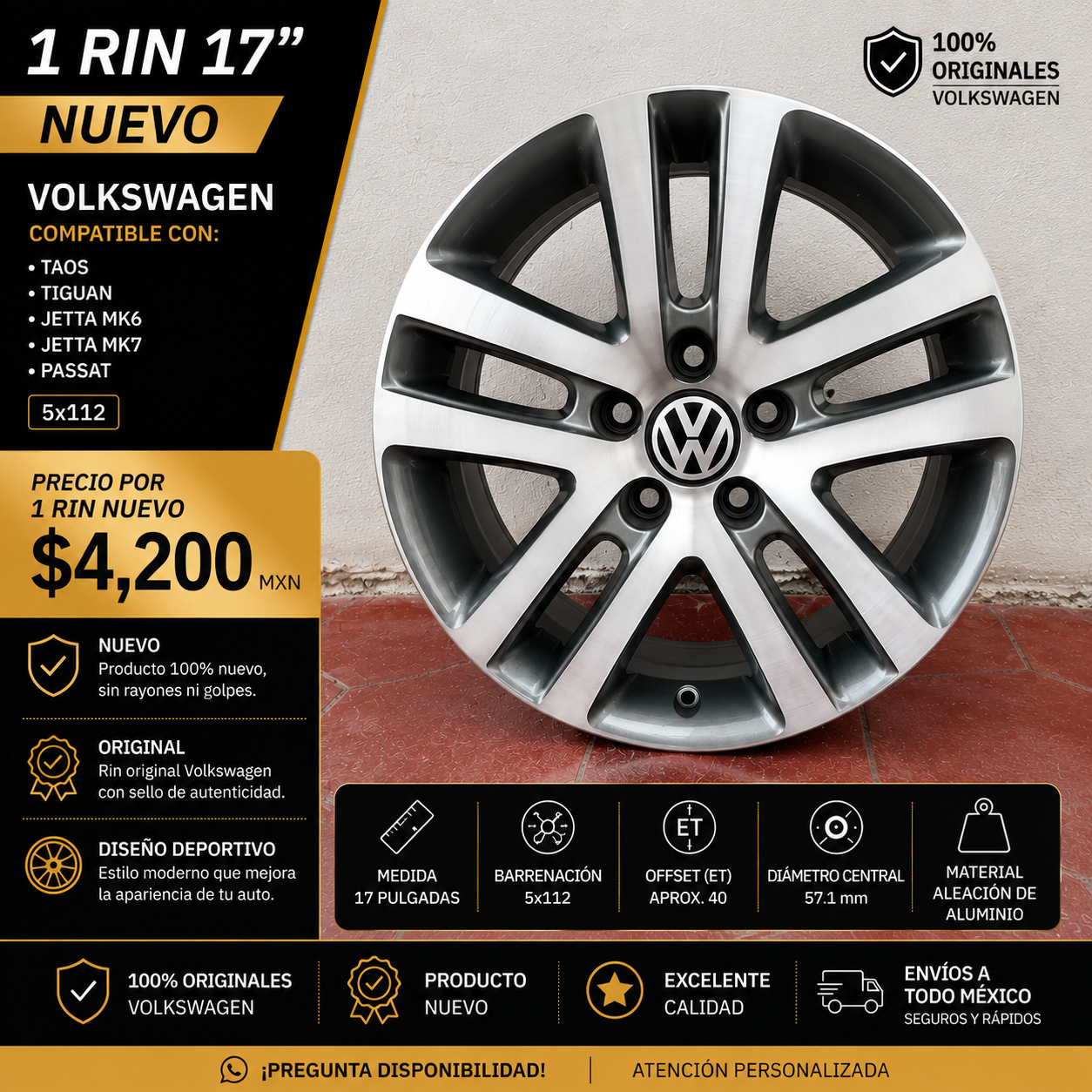 1 Rin 16" Volkswagen Golf Jetta MK6 MK7 Original 5x112 Nuevo