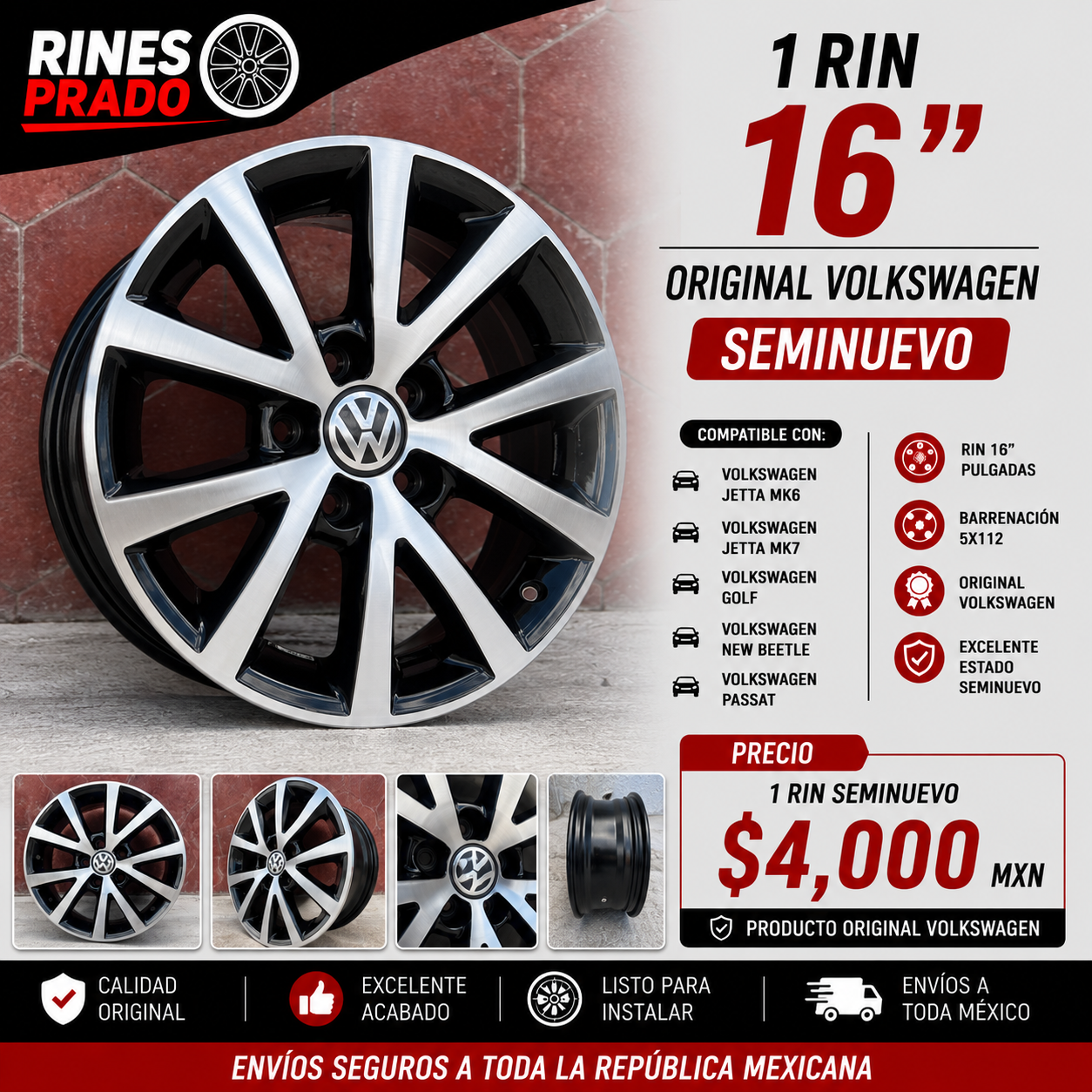 1 Rin 16" Volkswagen Jetta MK6 MK7 Golf New Beetle Passat Original 5x112 Seminuevo