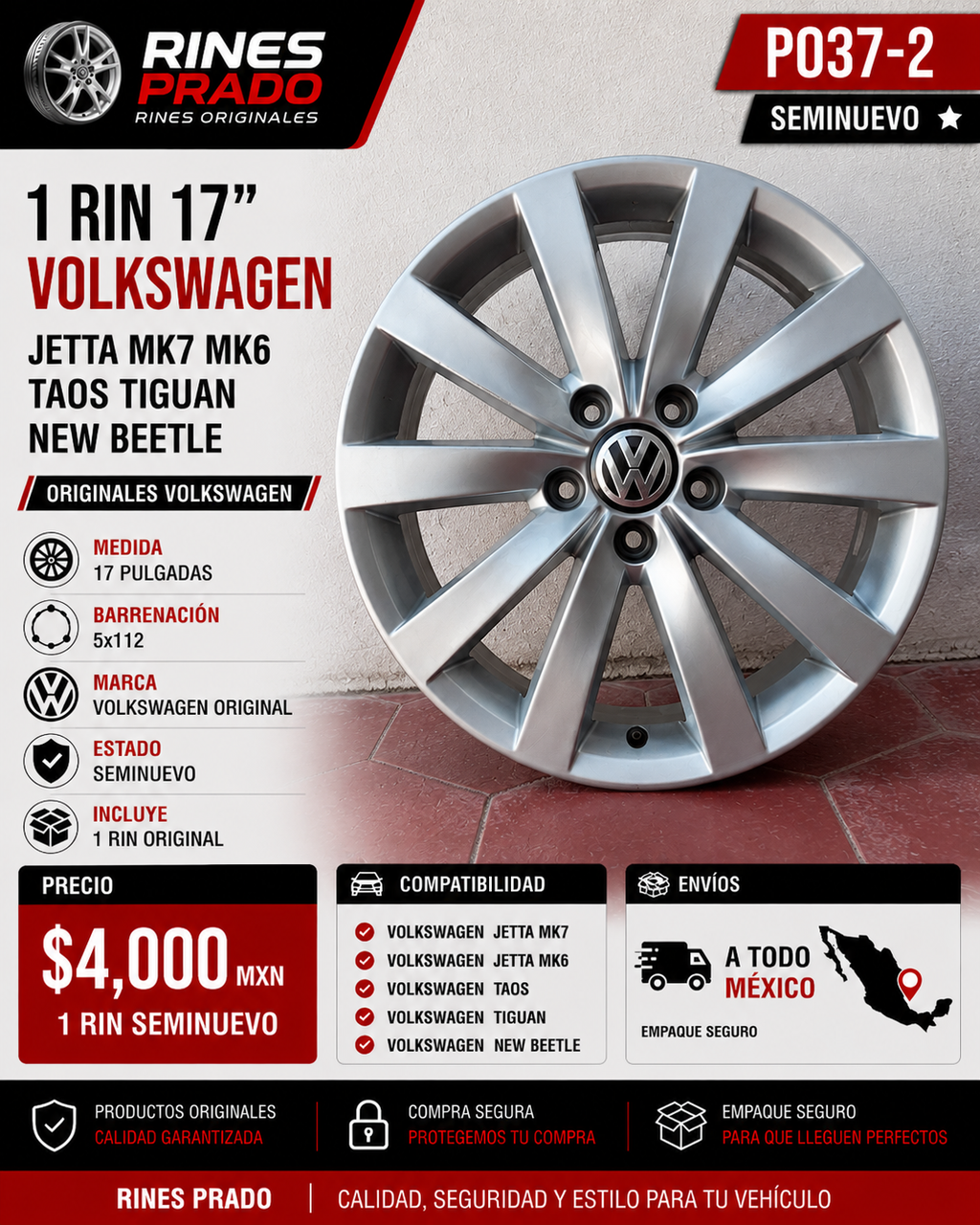 1 Rin 17" Volkswagen Jetta MK7 MK6 Taos Tiguan New Beetle Original 5x112 Seminuevo