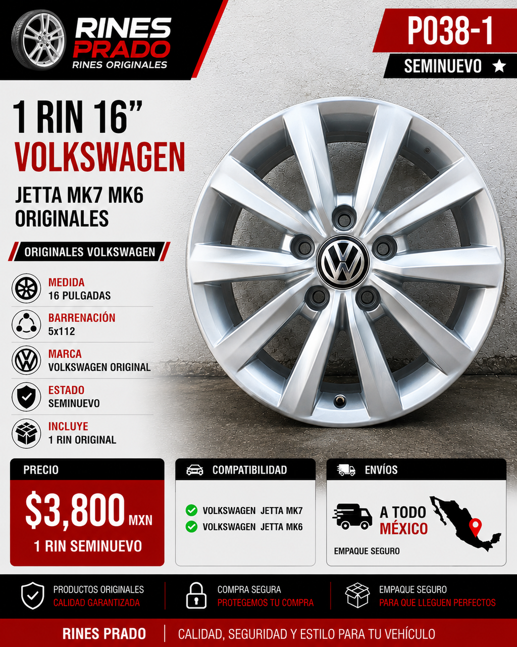 1 Rin 16” Volkswagen Jetta MK7 MK6 Original 5x112 Seminuevo