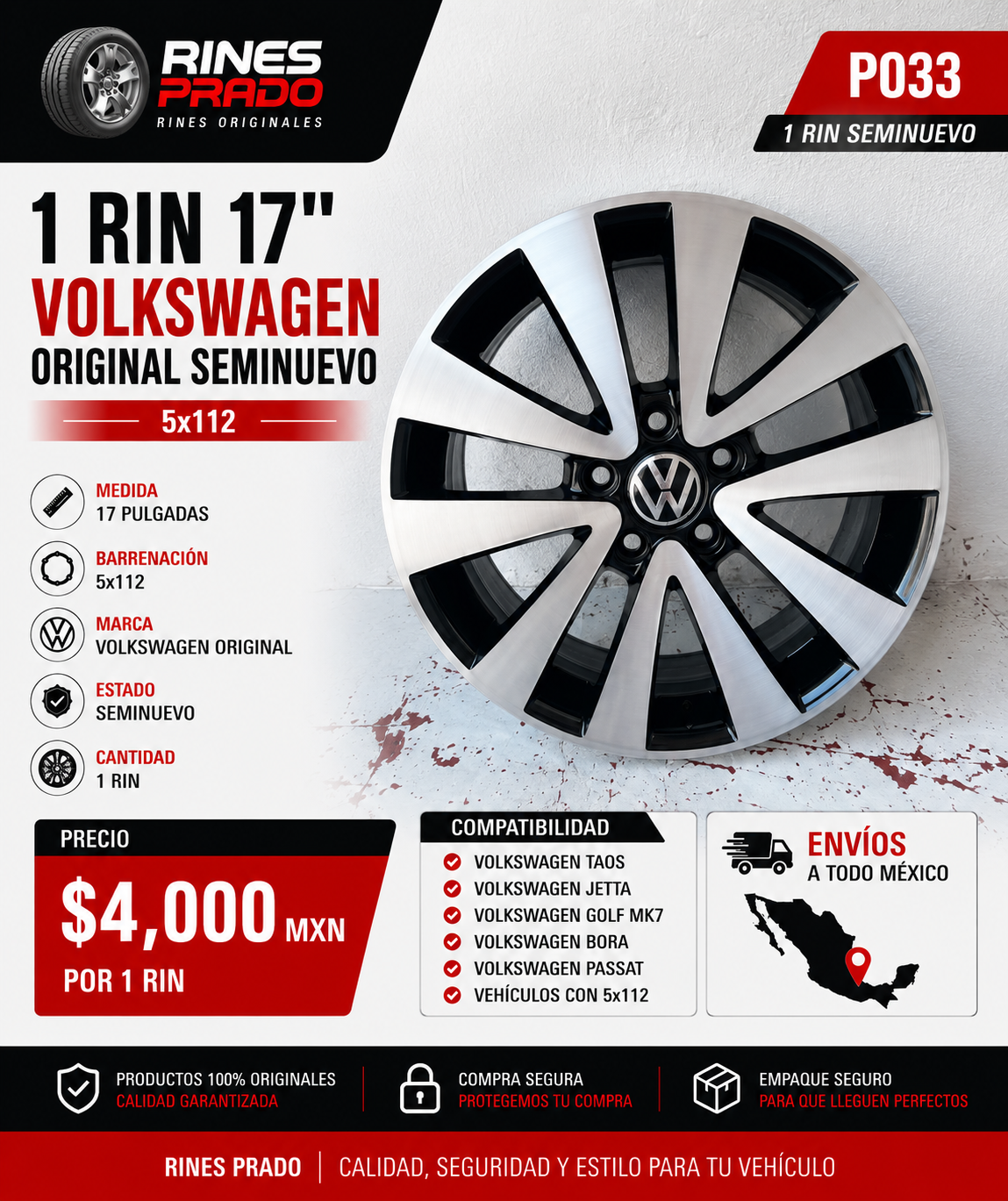 1 Rin 17" Volkswagen Taos Jetta Golf MK7 Bora Passat Original 5x112 Seminuevo
