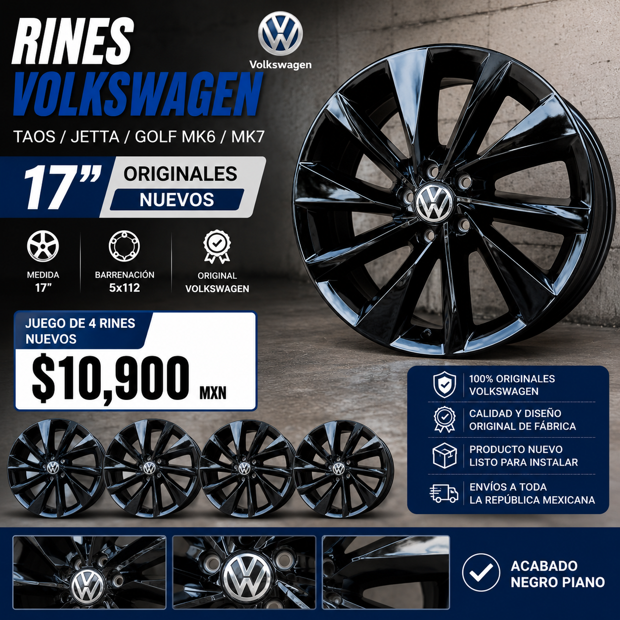 Rines Volkswagen Taos / Jetta / Golf MK6 / MK7 17" Originales Negro Piano Nuevos | Juego de 4 | 5x112