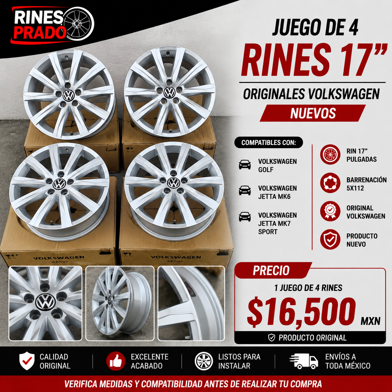Juego de 4 Rines 17" Originales Volkswagen Golf / Jetta MK6 / Jetta MK7 Sport 5x112 – Nuevos