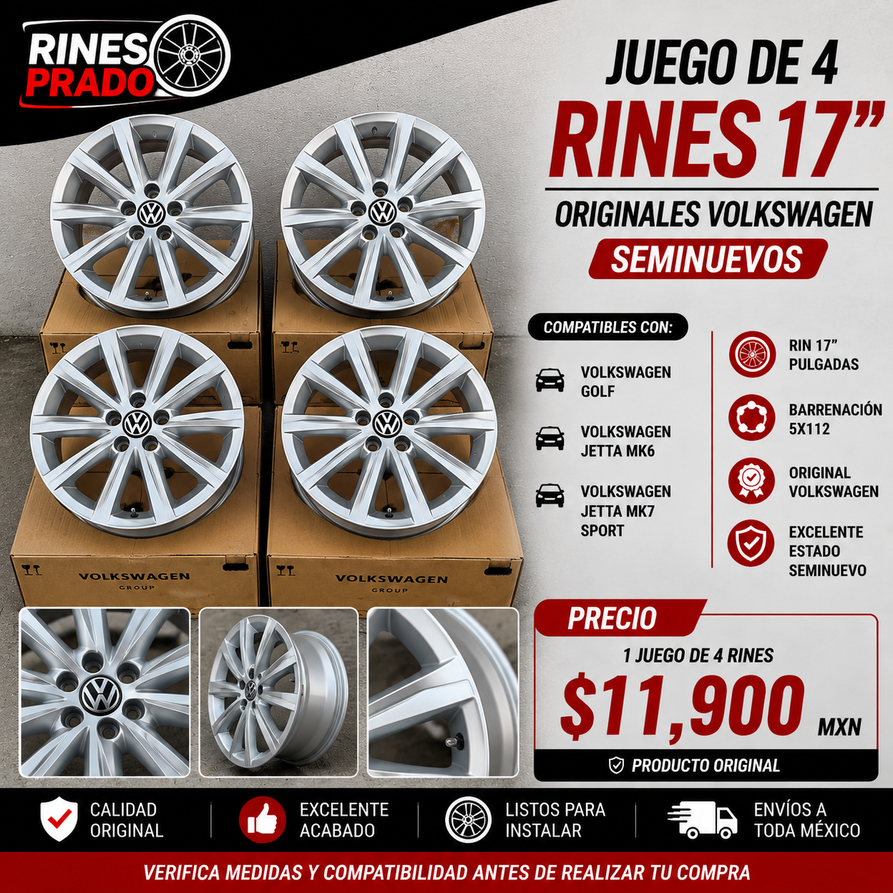 Juego de 4 Rines 17" Originales Volkswagen Golf / Jetta MK6 / Jetta MK7 Sport 5x112 – Seminuevos