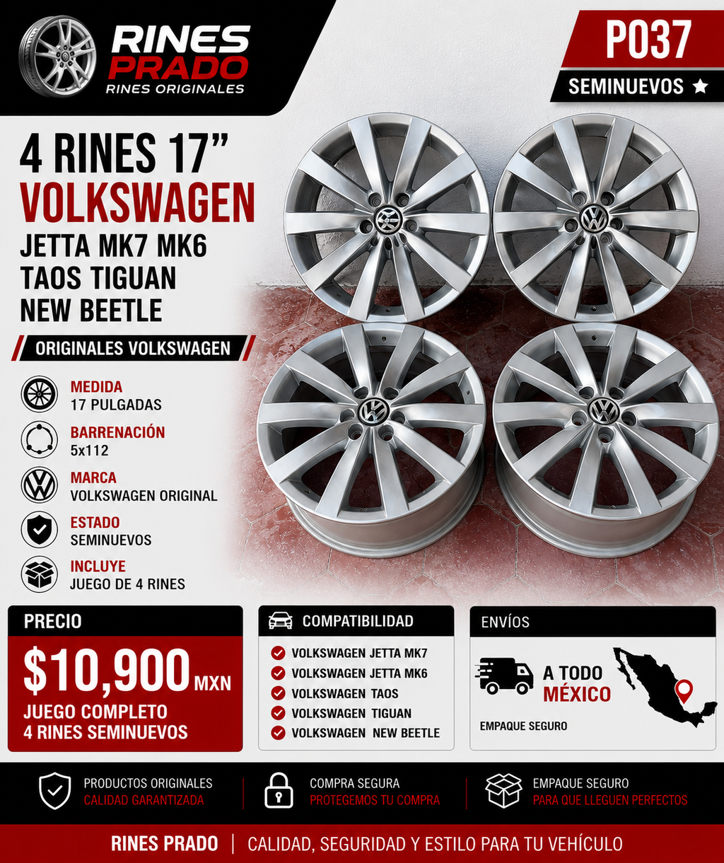 4 Rines 17" Volkswagen Jetta MK7 MK6 Taos Tiguan New Beetle Originales 5x112 Seminuevos
