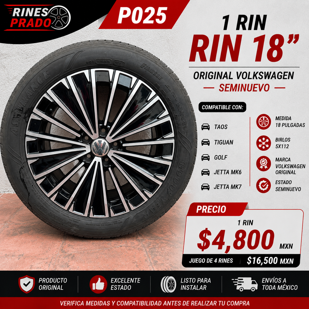 Rin Original Volkswagen 18" 5x112 para Taos, Tiguan, Golf, Jetta MK6 y MK7 | Seminuevo