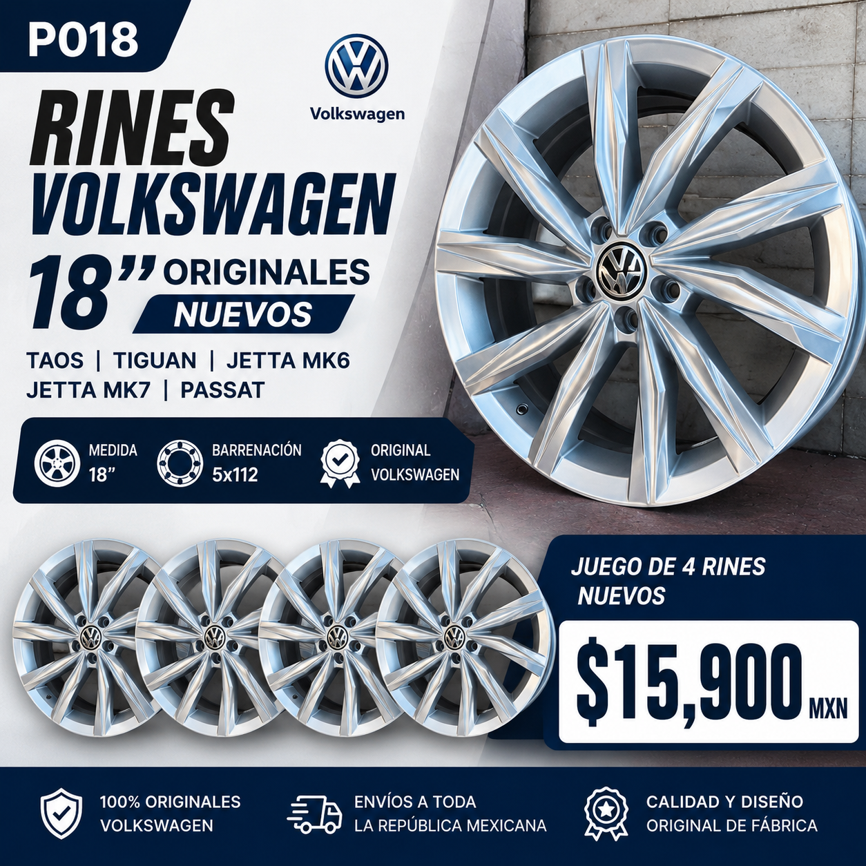 Rines Volkswagen Taos / Tiguan / Jetta MK6 / MK7 / Passat 18" Originales Nuevos | Juego de 4 | 5x112