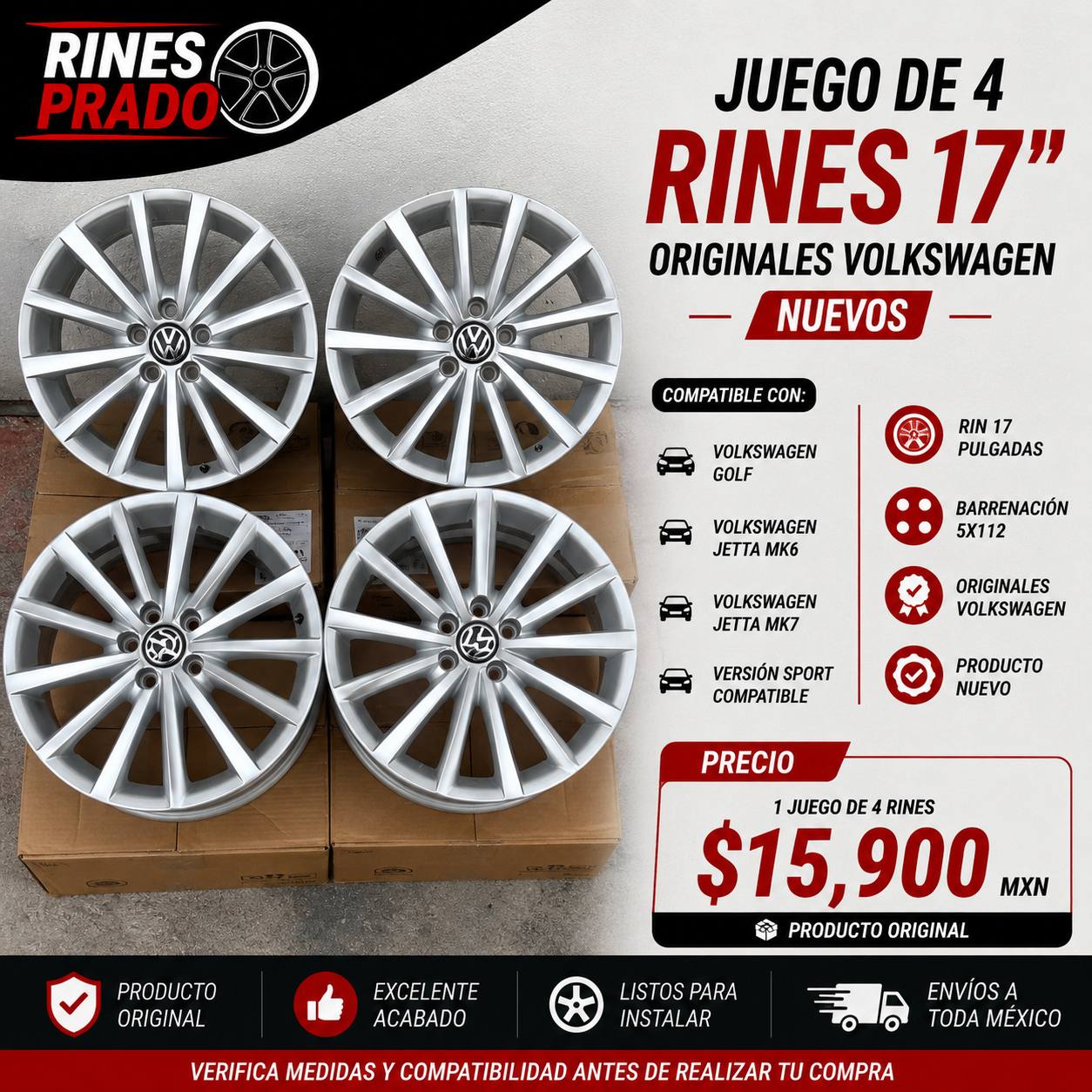 Juego de 4 Rines Volkswagen Golf Jetta MK6 MK7 Sport Originales Rin 17 Nuevos 5x112