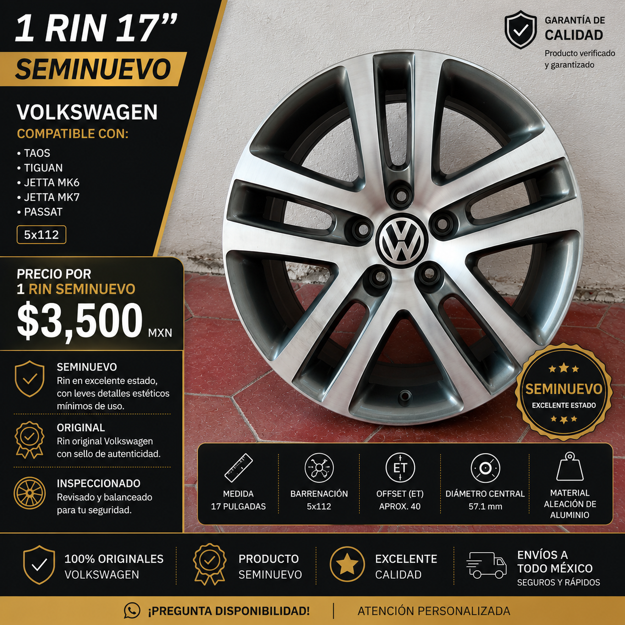 1 Rin 16" Volkswagen Golf Jetta MK6 MK7 Original 5x112 Seminuevo