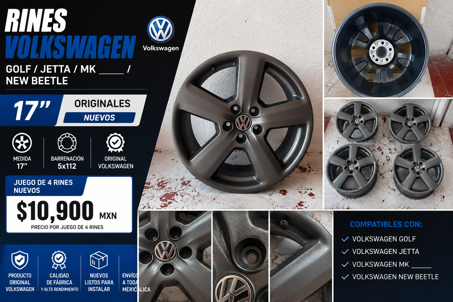 Rines Originales Volkswagen 17" Golf Jetta MK____ New Beetle 5x112 | Juego de 4 Nuevos