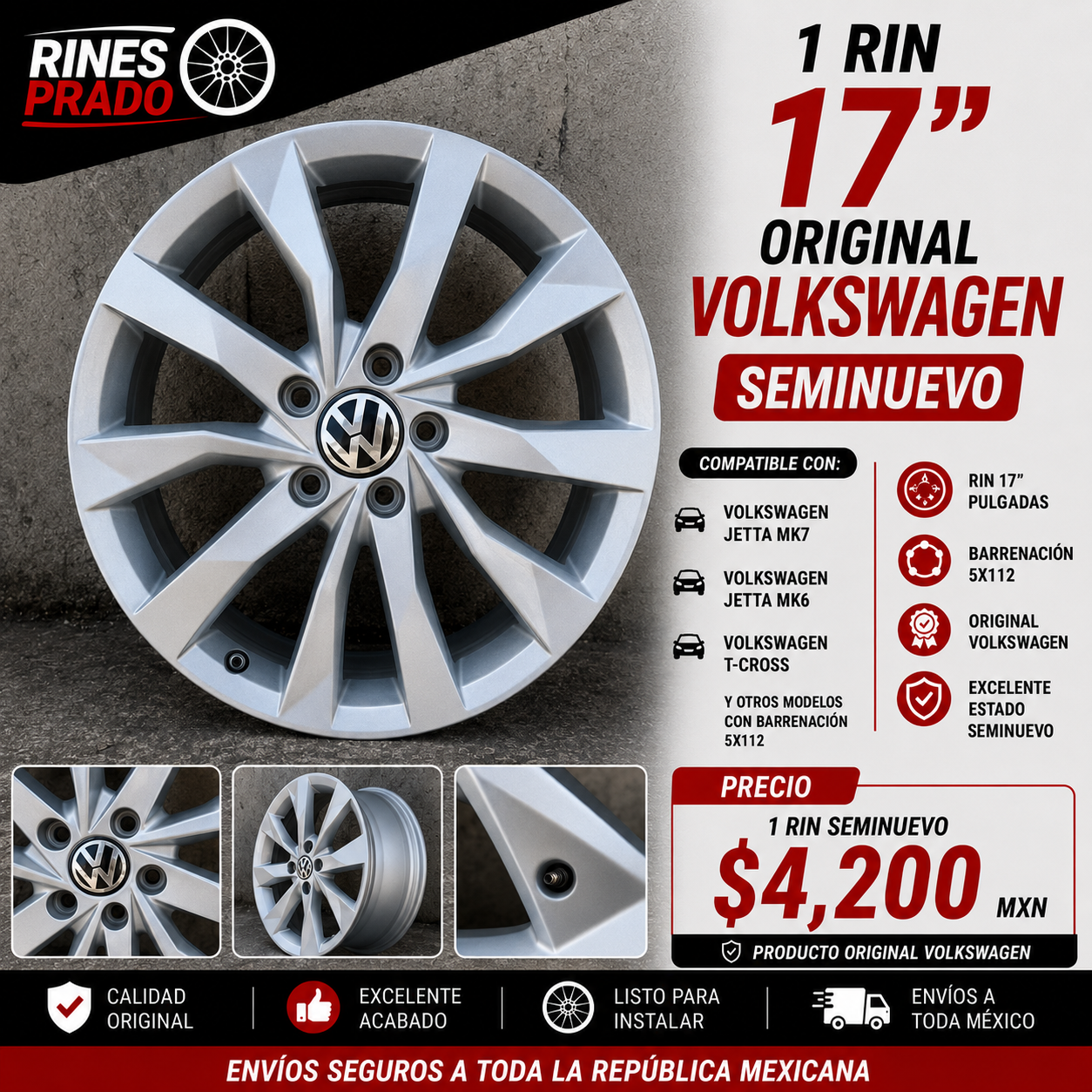 1 Rin 17" Original Volkswagen Jetta MK7 / MK6 T-Cross 5x112 – Seminuevo